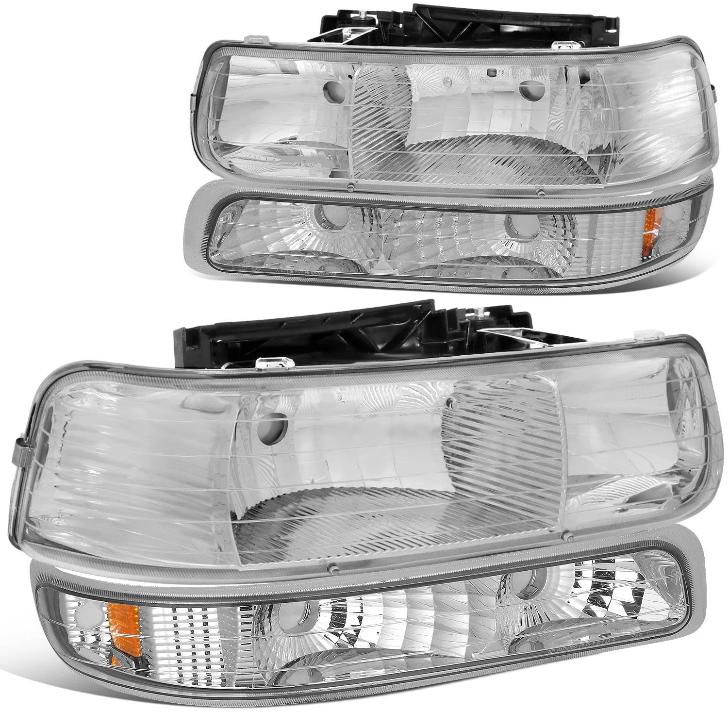 DNA Motoring HL-OH-CS99-4P-CH-AB For 1999 to 2006 Chevy Silverado Tahoe 4Pcs Headlight + Bumper Lamps Chrome Housing Amber Side - GMT800 00 01 02 03 04 05 Left + Right
