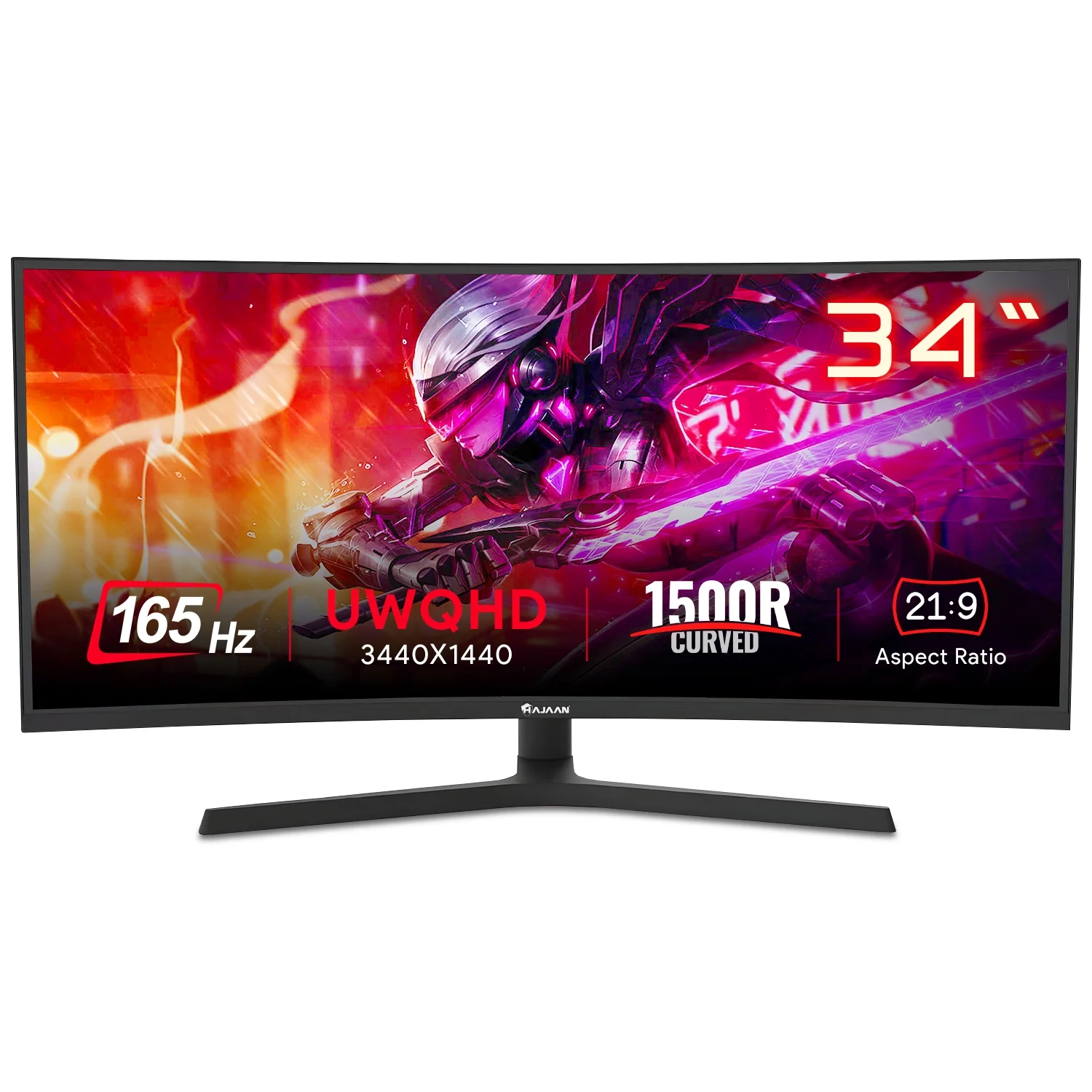 HAJAAN 34” Inch UWQHD 165Hz RGB Curved Gaming Monitor Ultrawide 21:9 3440x1440p VA Display, Built-in Speakers Tilt Adjustment Wall Mountable 2X DP, 2X HDMI - (X3423C)