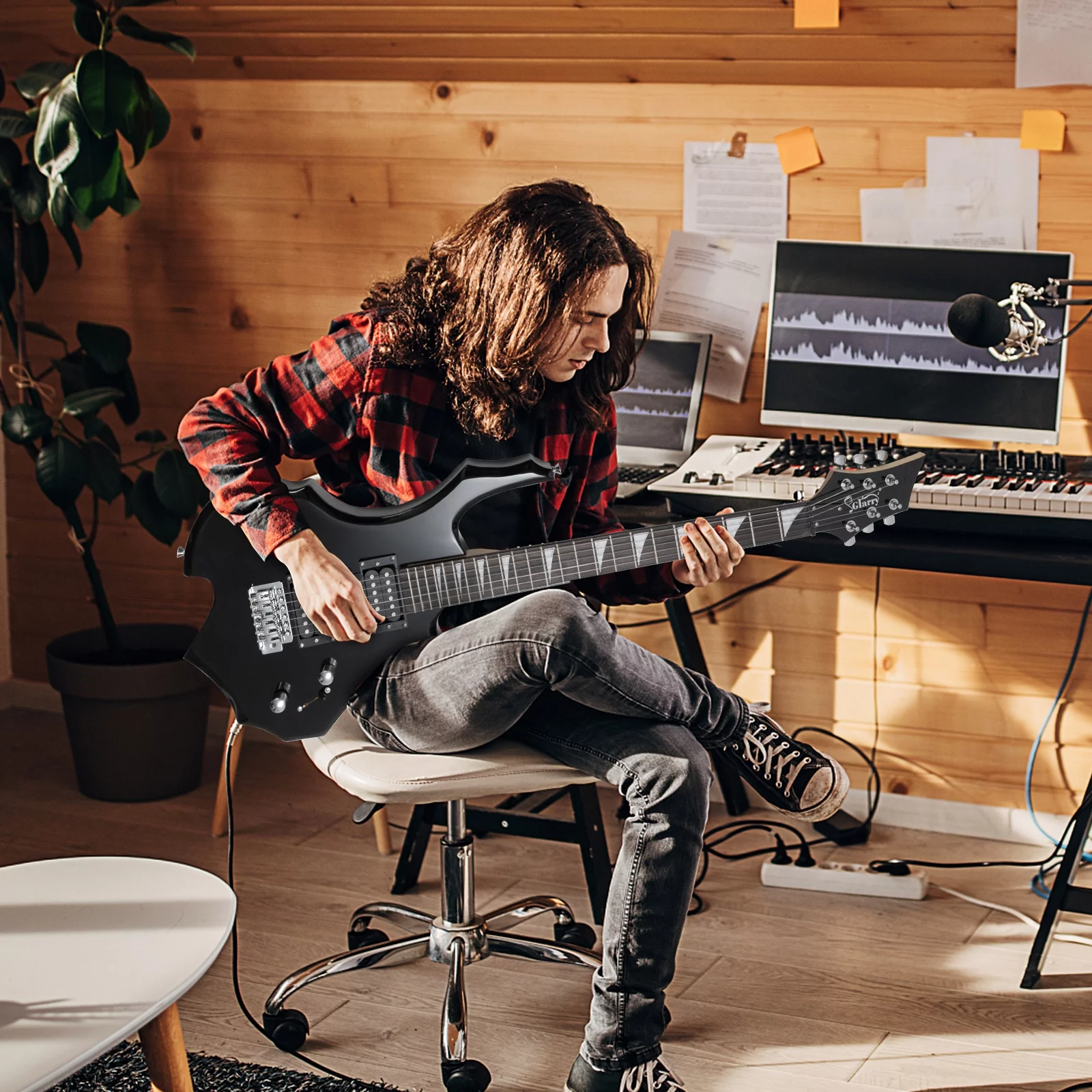 GLARRY Electric Guitar with Bag Beginner Burning Fire Style Black