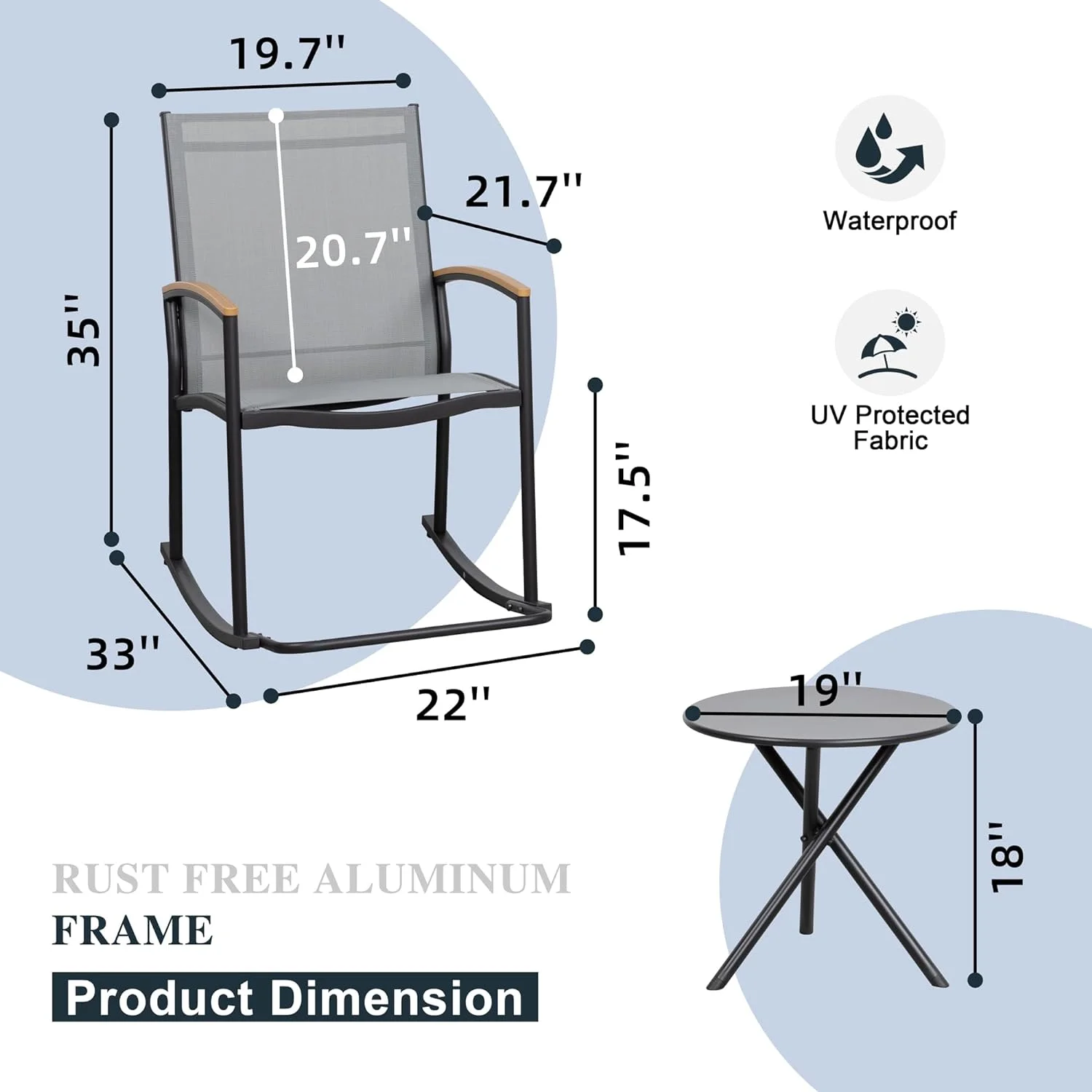 Rocking Chairs & Coffee Table Set: Outdoor Patio Bistro Furniture, 3-Piece, Dark Grey