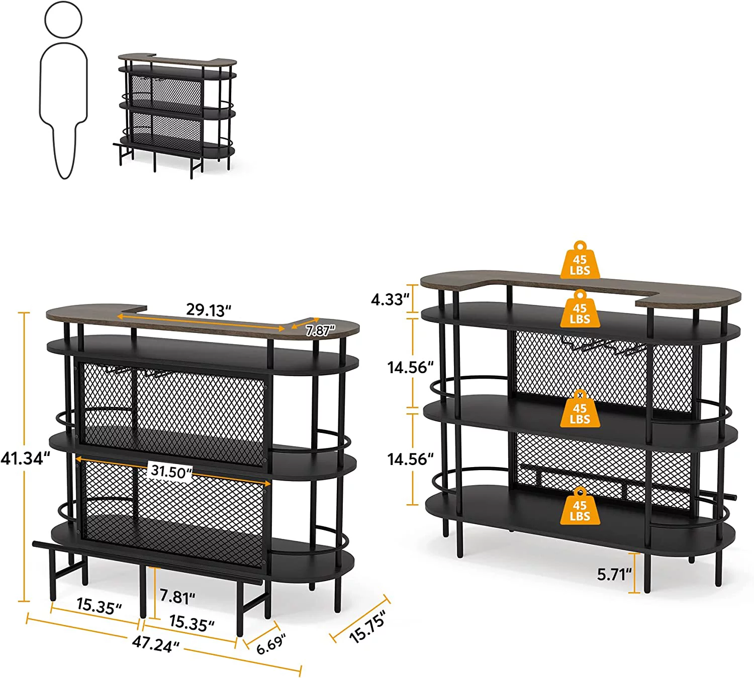 Bar Unit for Liquor, 4 Tier Bar Table with Storage Shelves and Foot Rail, Corner Mini Bar Cabinet with Wine Glasses Holder for Home/Kitchen/Bar/Pub, Black and Walnut