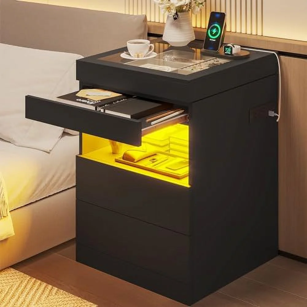 TQJKLFDY LED Nightstand with Charging Station & Sliding Top  Black Night Stand with Glass Top & Jewelry Tray  Bedside Table with Drawers & Pull-Out Tray  Modern  End Table wit