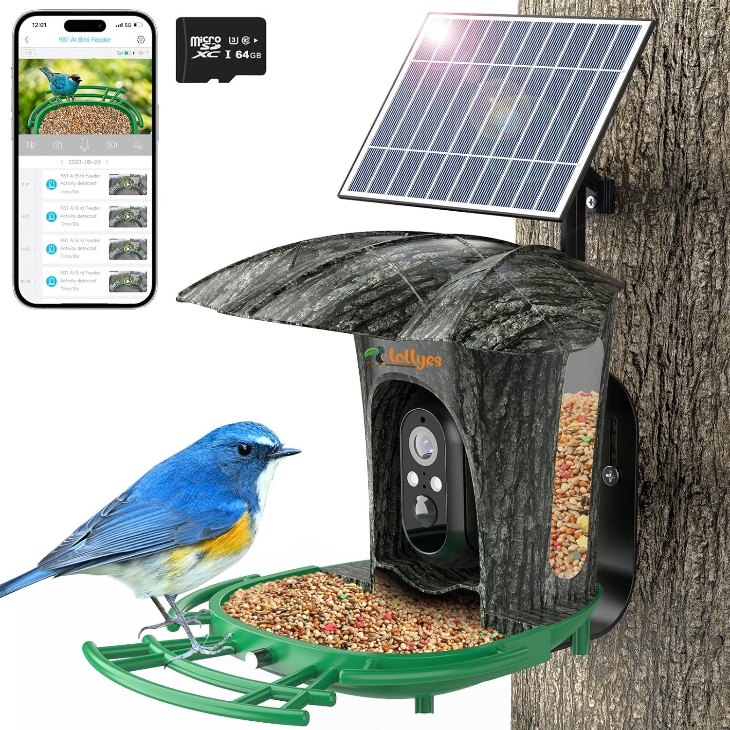 Smart Bird Feeder Camera with 64G Card, 1080P HD Identify Bird Species, Hummingbird Feeder, Bird House with 7W Solar Panel for Wild Bird Watching, Outdoor, Garden, Bird Lover