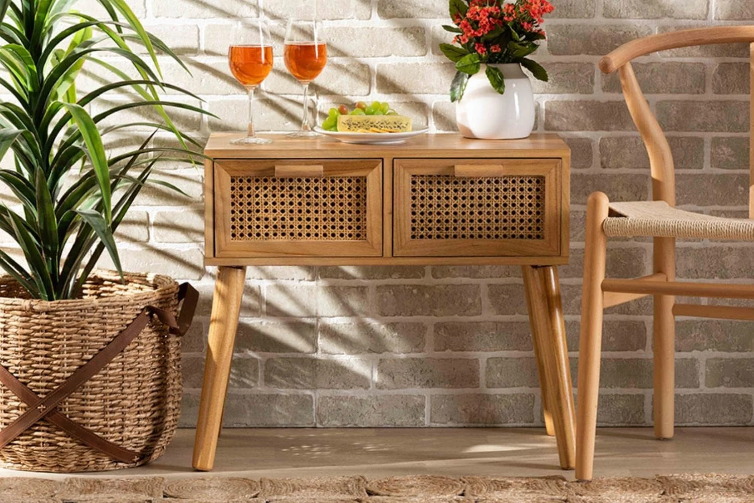 MQLIFEBOOM Falan Oak Brown Finished Wood 2-Drawer Console Table with Rattan