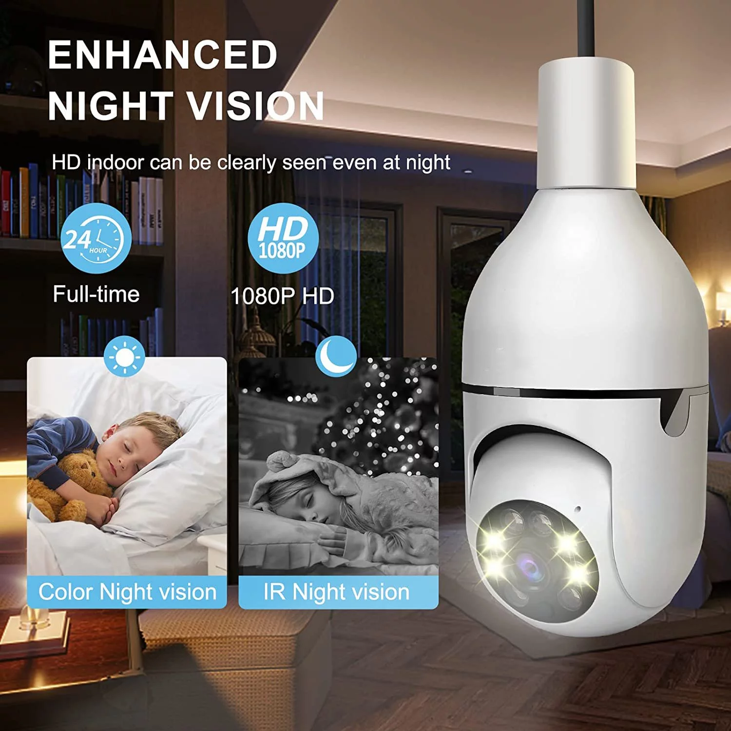 Light Bulb Camera, 3.0MP Wireless 2.4 GHz WiFi Security Camera, Tuya App, 360 PTZ Night Vision, Human Motion Detection & Alarm