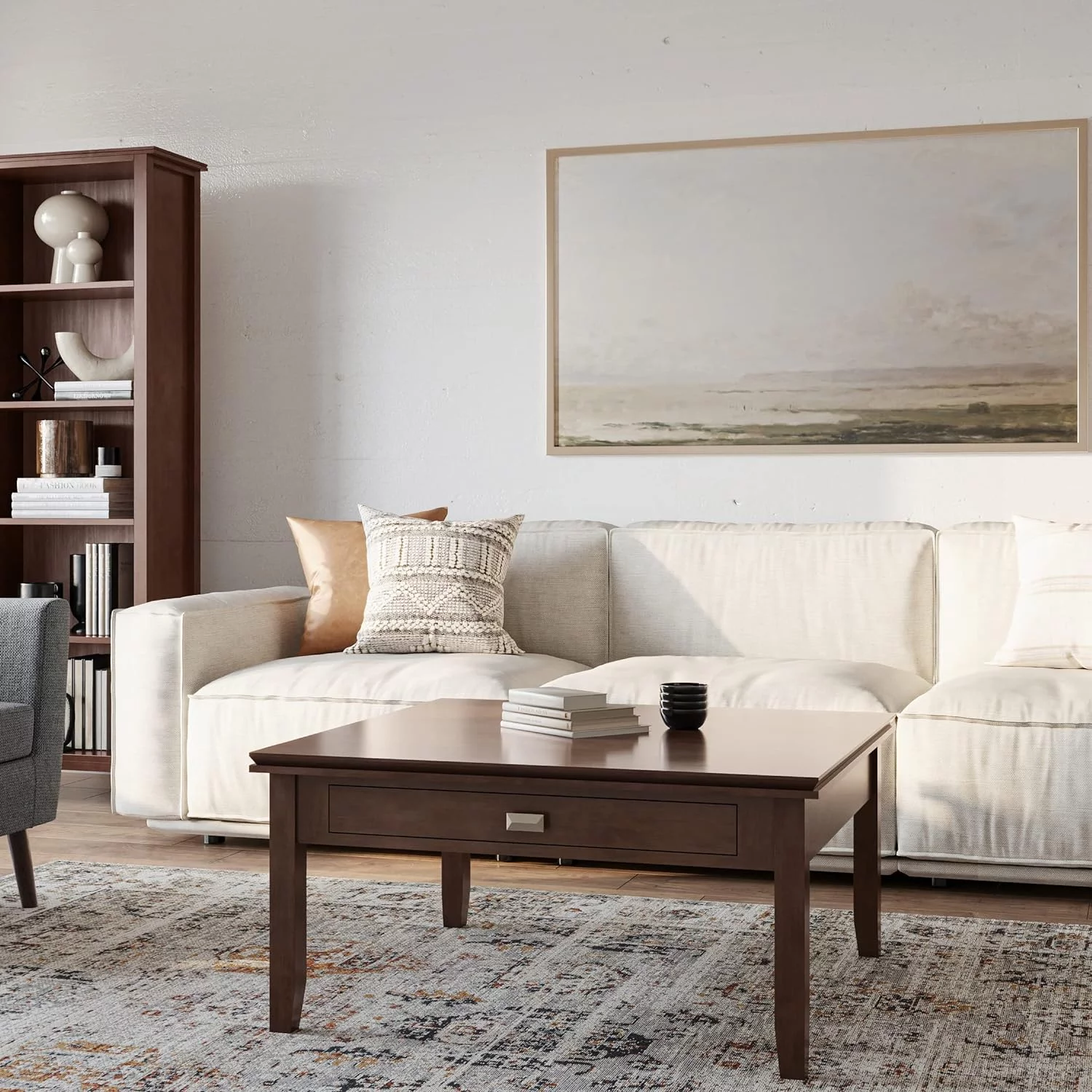 Artisan SOLID WOOD 36 Inch Wide Transitional Square Coffee Table In Russet Brown, For The Living Room And Family Room