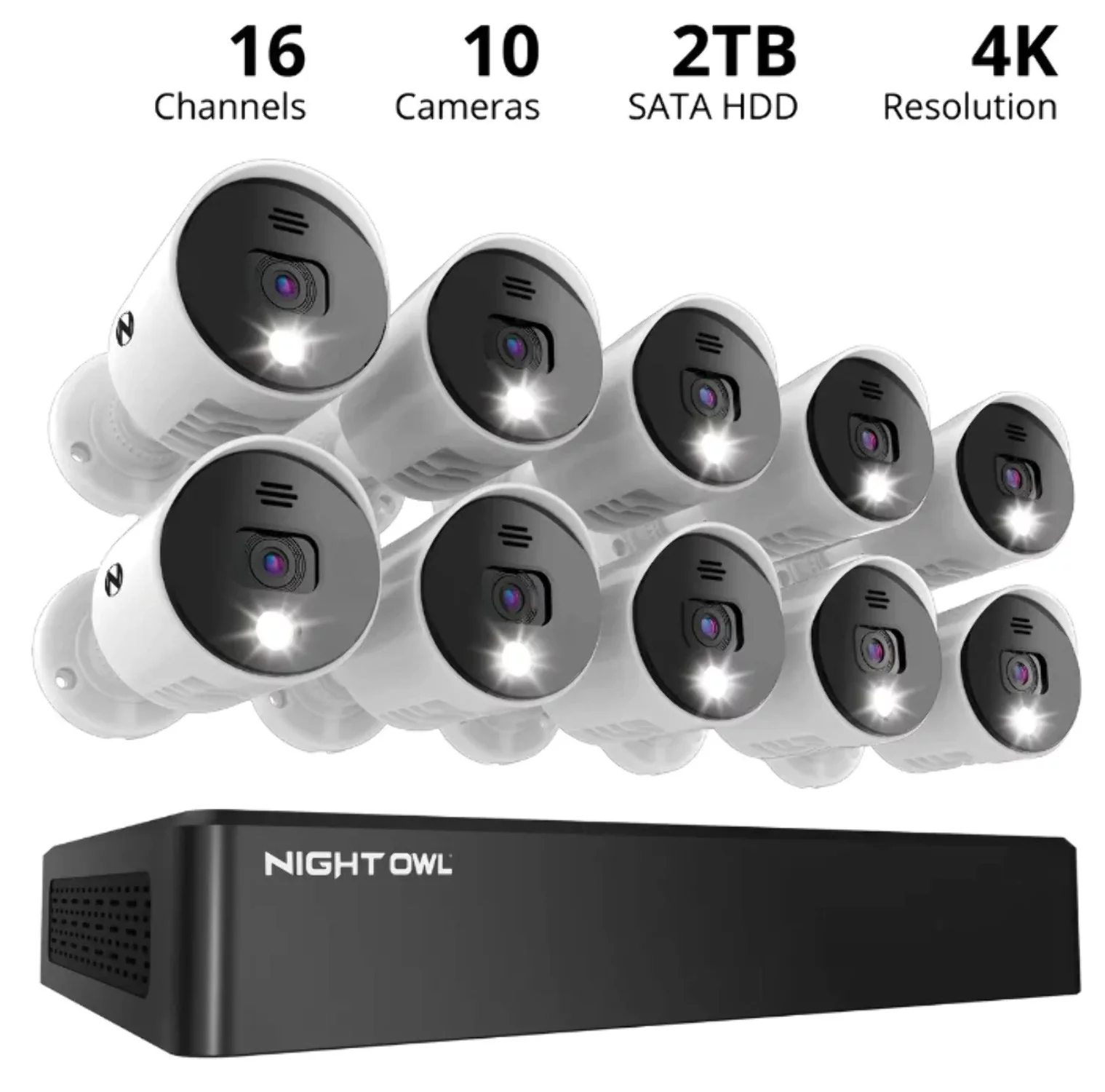 Night Owl 16 Channel 4K Bluetooth DVR with 2TB Hard Drive and 10 Wired 4K Spotlight Cameras with Audio Alerts and Sirens