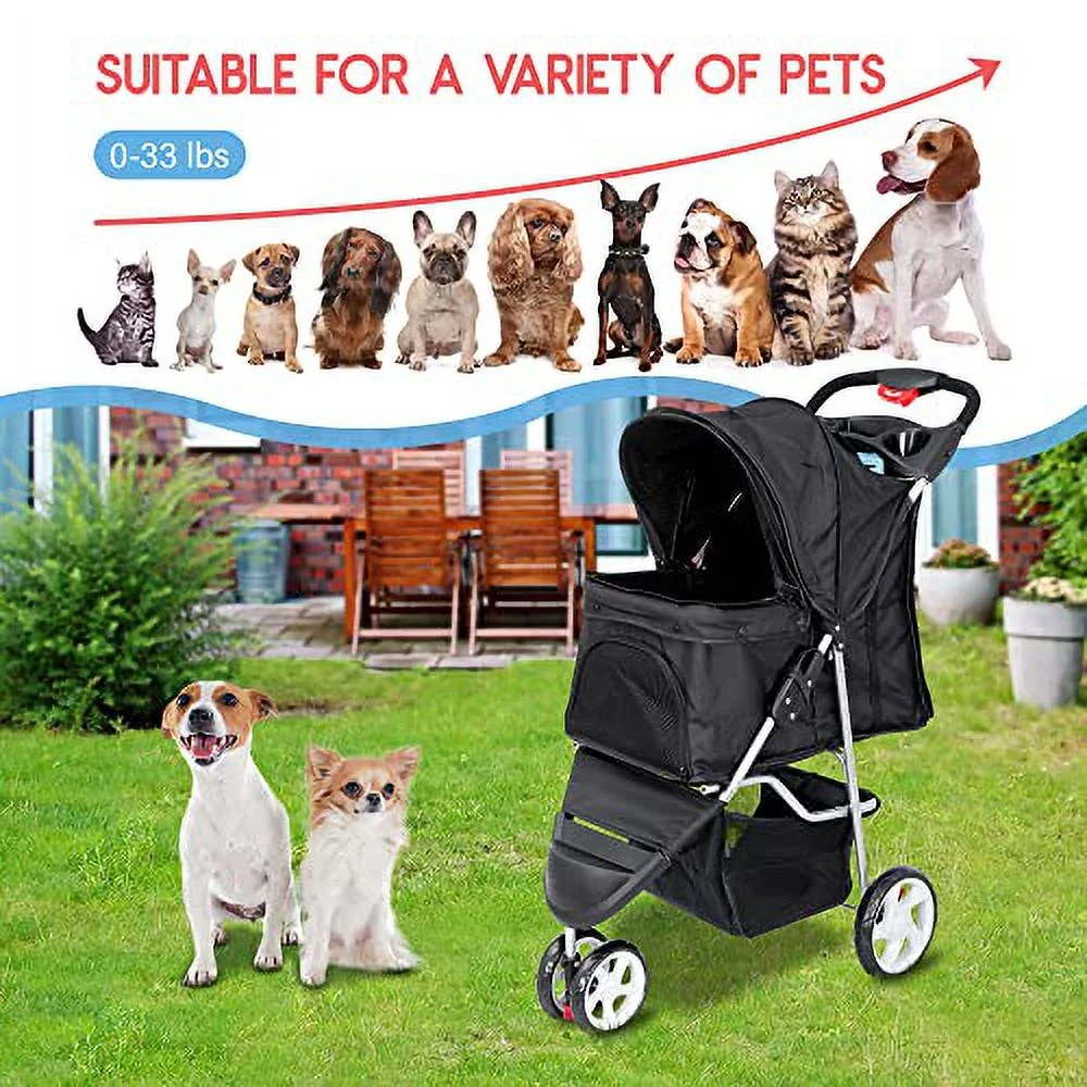 ZENY Foldable Pet Stroller, Cat/Dog Stroller with 3 Wheel, Pet Strolling Cart, Dog Travel Carrier with Storage Basket + Cup Holder, Black