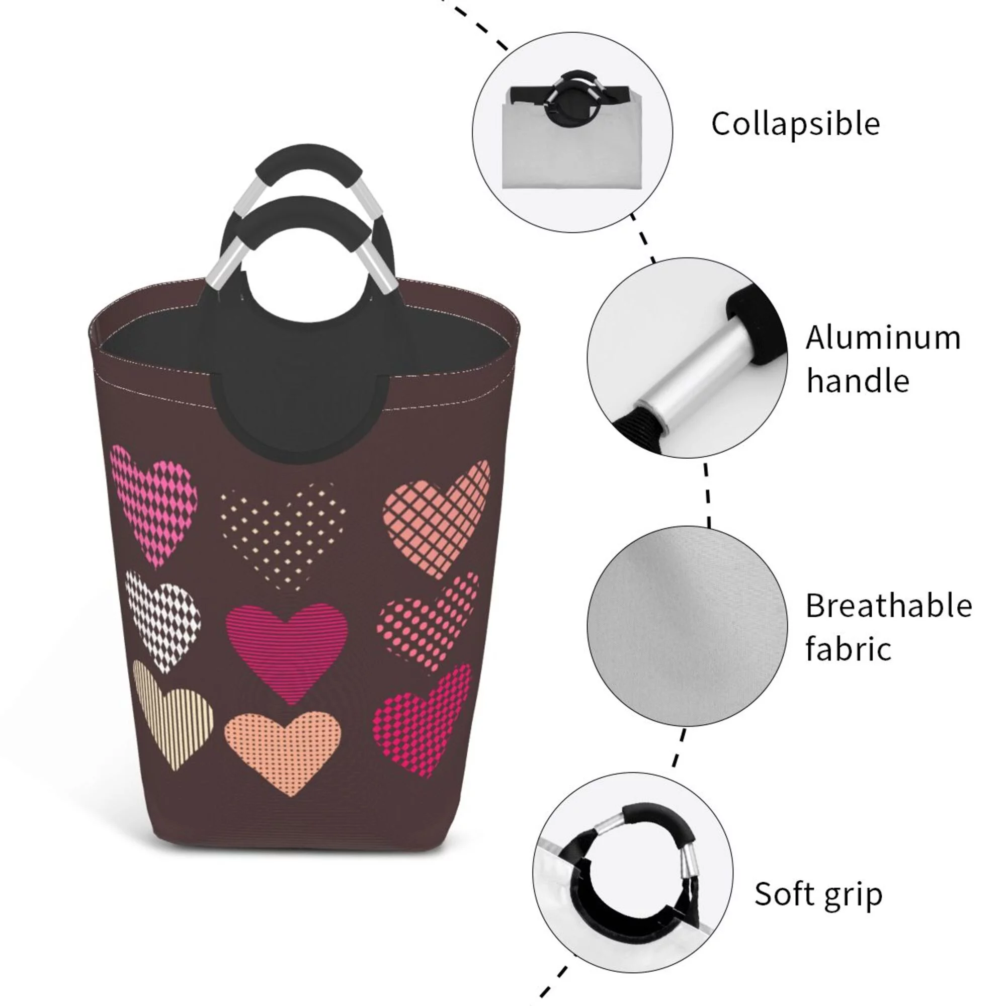 TEQUAN 50L Large Rectangular Laundry Hamper with Aluminum Handles, Brown Romantic Love Prints Waterproof Foldable Dirty Clothes Basket