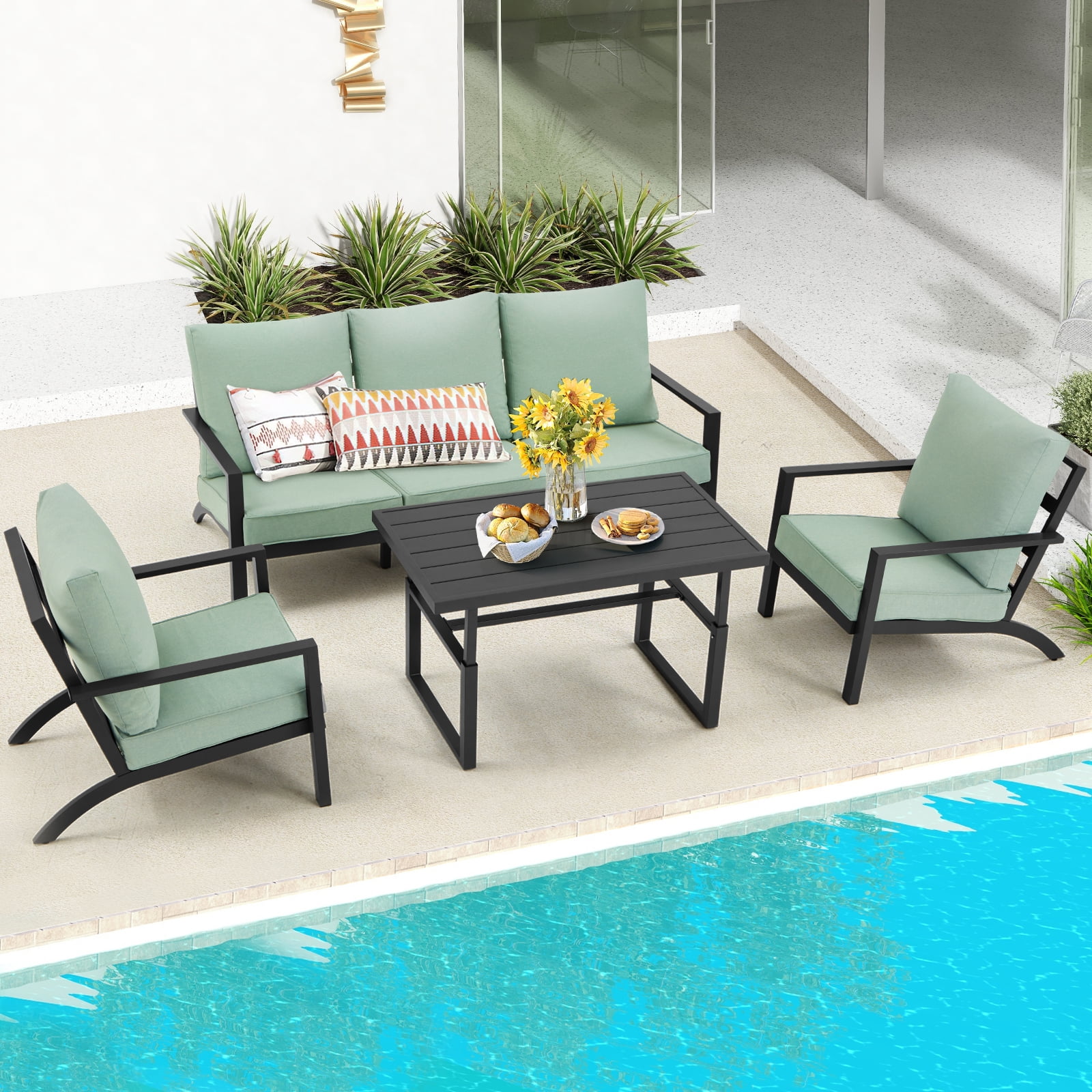 Danrelax 4 Pieces Aluminum Patio Furniture Set, Patio Conversation Set,  Green