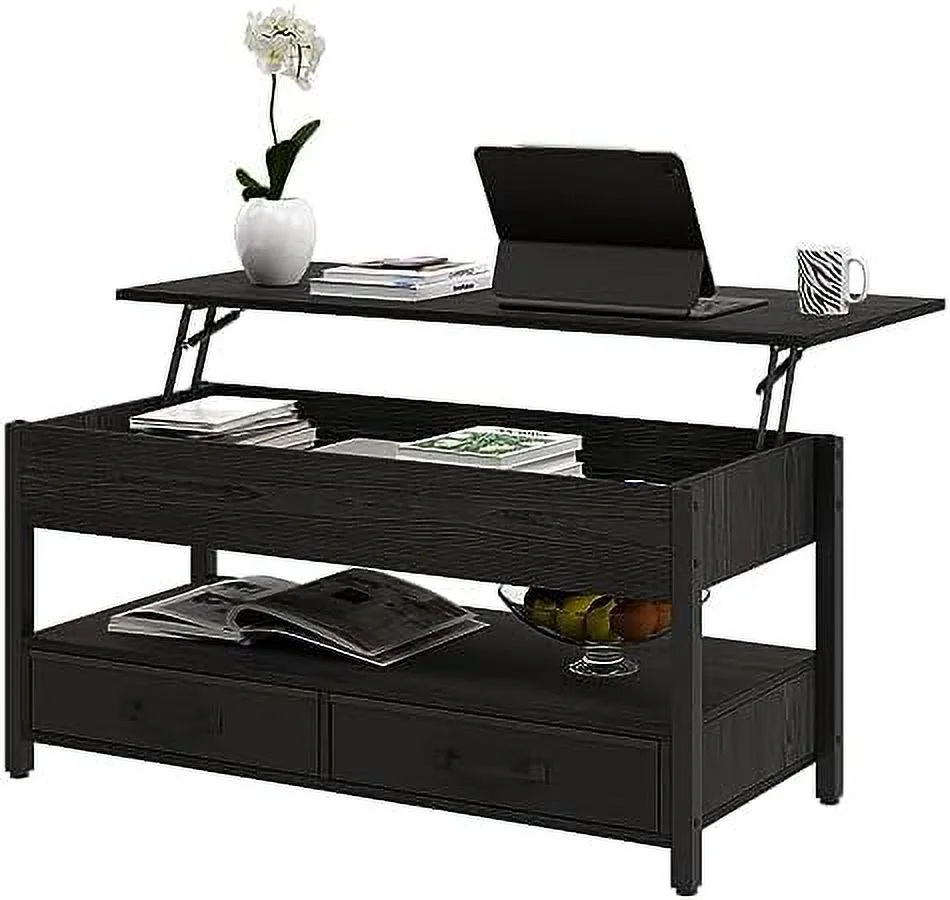 TJUNBOLIFE Coffee Table  Lift Top Coffee Table with   and Pop up Adjustable Lift Tabletop  41.7" Wood  for Living Room with 2 Drawers and Hidden Compartment Black