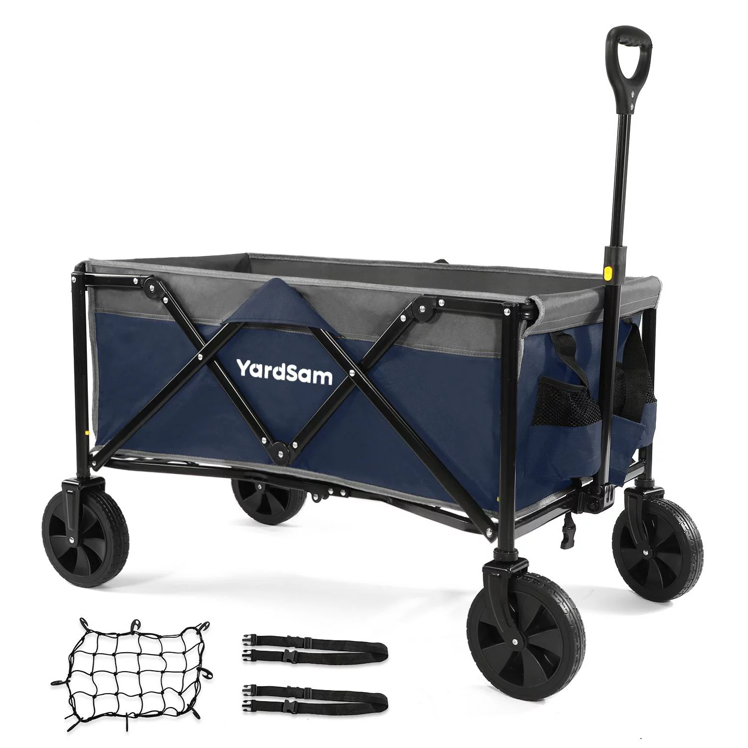 Yardsam Collapsible Folding Wagon Heavy Duty Grocery Wagon Cart with Wheels, 220lb Capacity Outdoor Utility Beach Camping Wagon for Sand, Foldable Garden Wagon with Cargo Net and Straps, Black