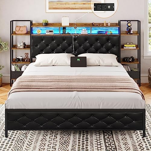 HBLUKDL Queen Bed Frame with  Headboard and LED Lights Queen Size Metal Platform Bed with Charging Station and Bookshelf Queen Size Bed with Upholstered Headboard No Box Spring Needed Bla