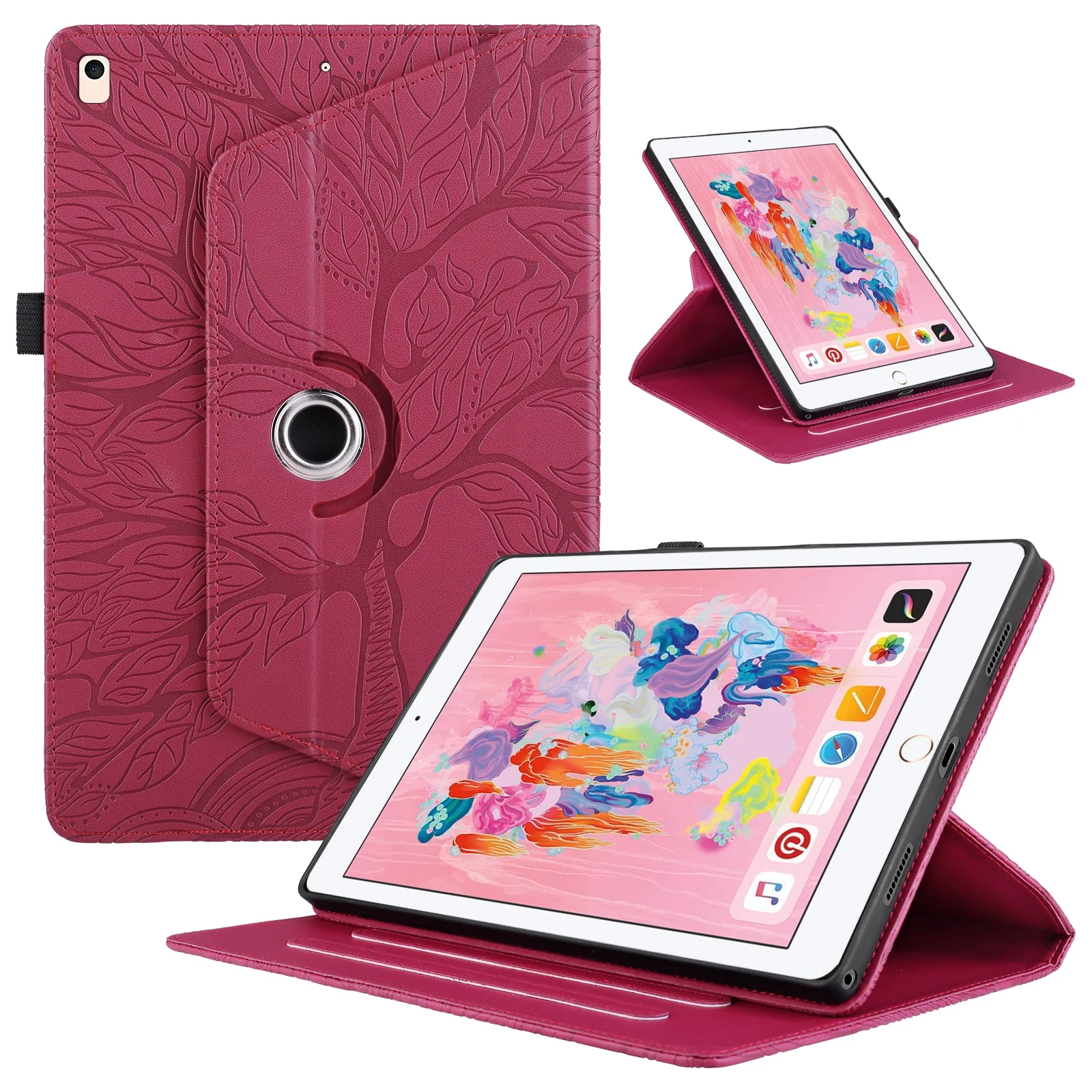 Decase Slim Case for iPad 9.7-Inch (6th/5th Generation, 2018/2017) Case 360 Rotating Cover Premium PU Leather Stand Auto Wake/Sleep Function with Tree Embossed forfor iPad Air 2/1,Rose