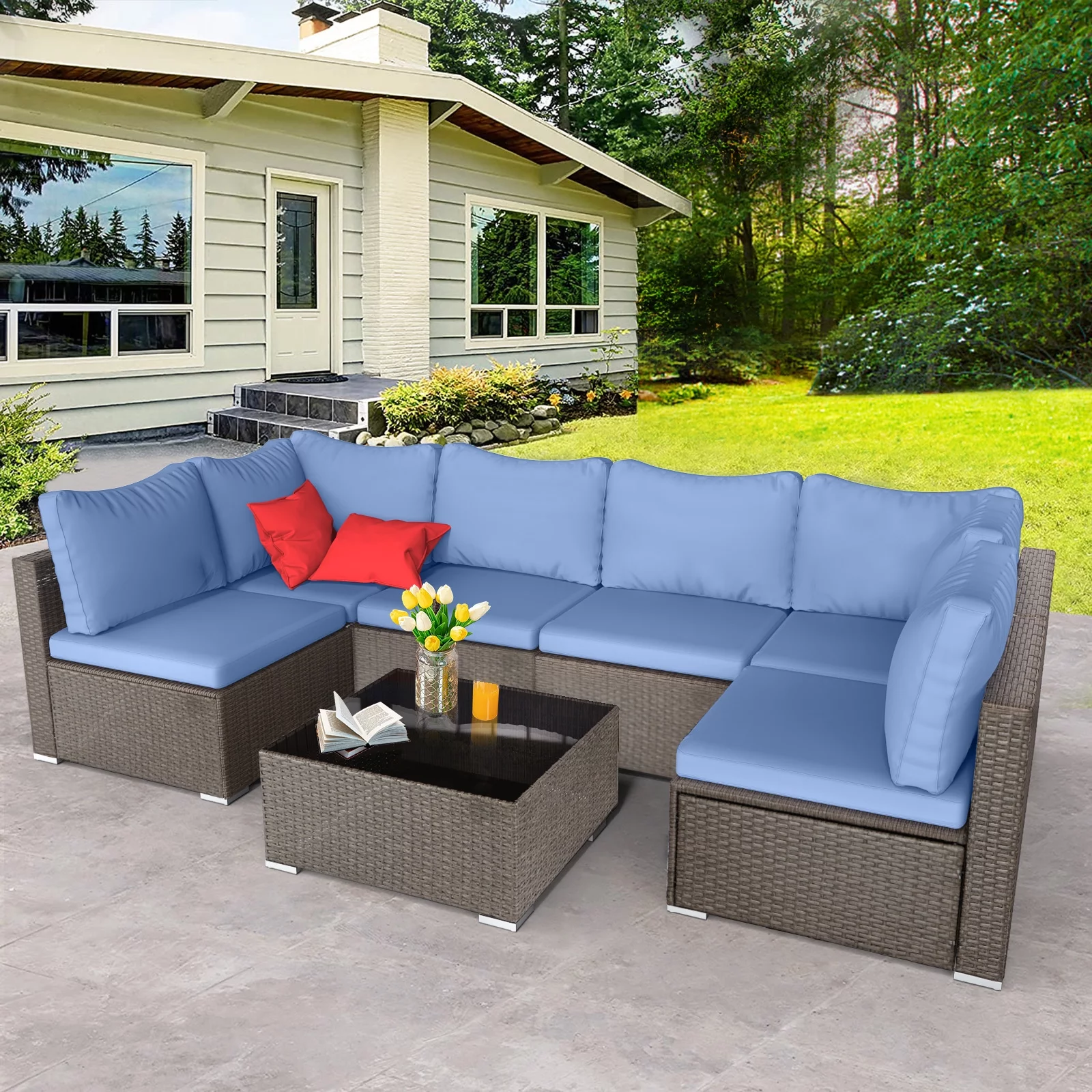 Patio Furniture Set, 7-Piece Outdoor Sectional Sofa with Cushions, PE Rattan Wicker Conversation Sets with Tempered Glass Table for Garden Backyard, Dark Grey