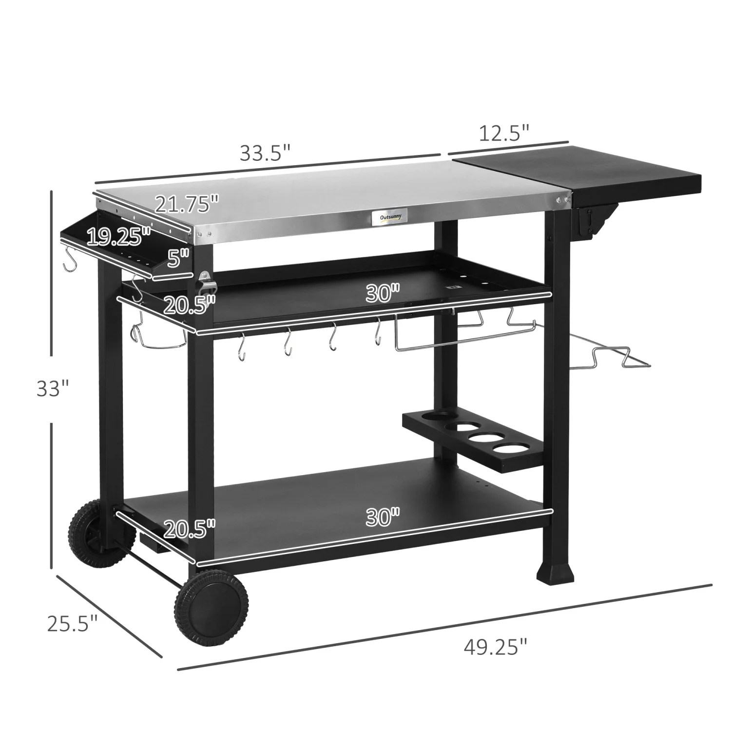 JHOOTUUO Outdoor Grill Cart with Foldable   46” x 21.75” Multifunctional Stainless Steel Pizza Oven Stand with Three-  Movable Food Prep  on Wheels  Black