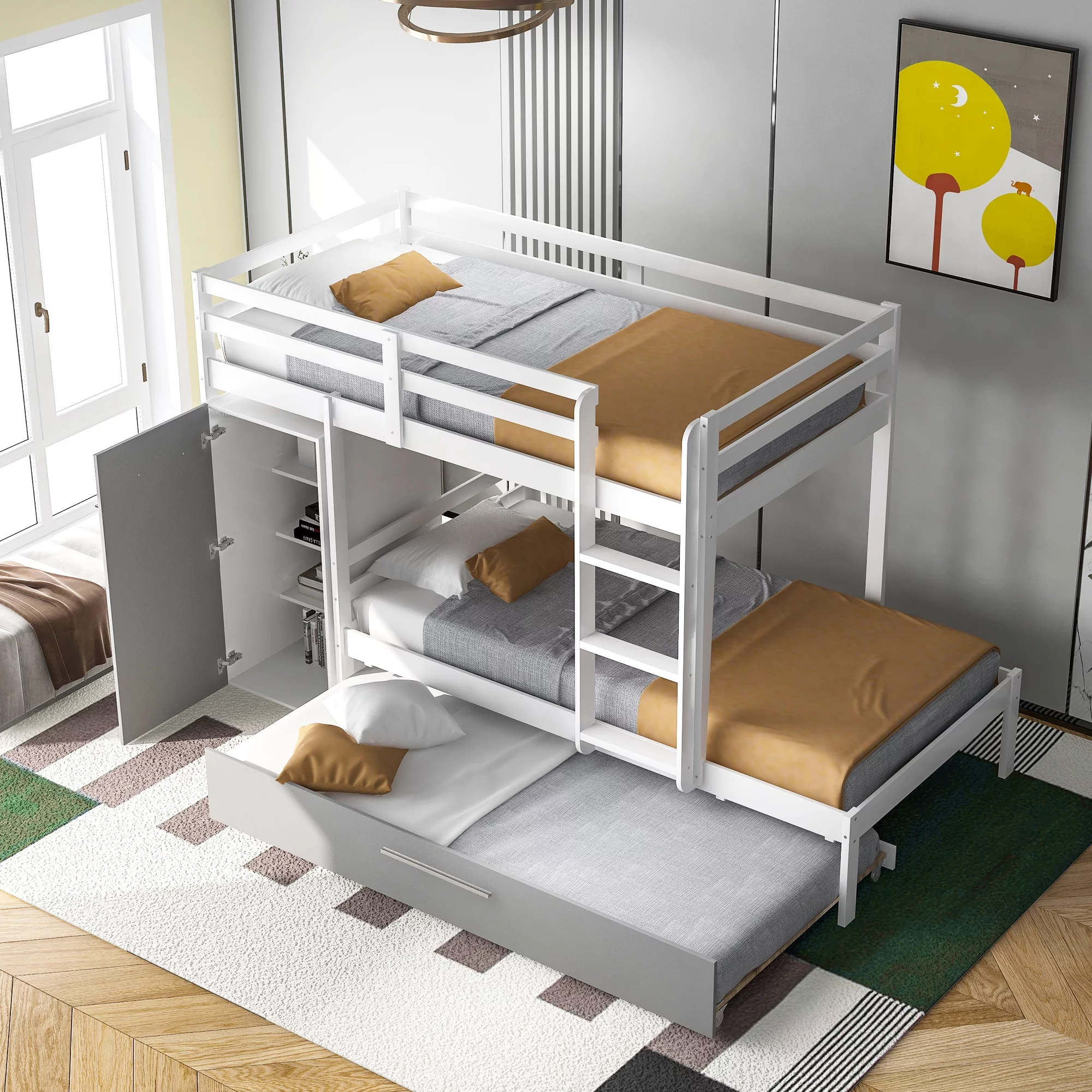 Twin over Twin Bunk Bed with Cabinet and Trundle, White