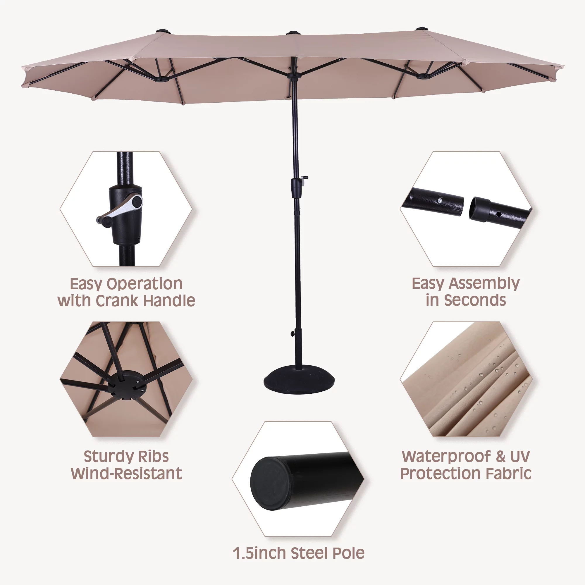 MF Studio 8-Piece Outdoor Patio Dining Set with 13 FT Double-sided Umbrella, 6 PCS Stacking Armchairs&1 PC Large Table for Dinner&Party, Black&Beige