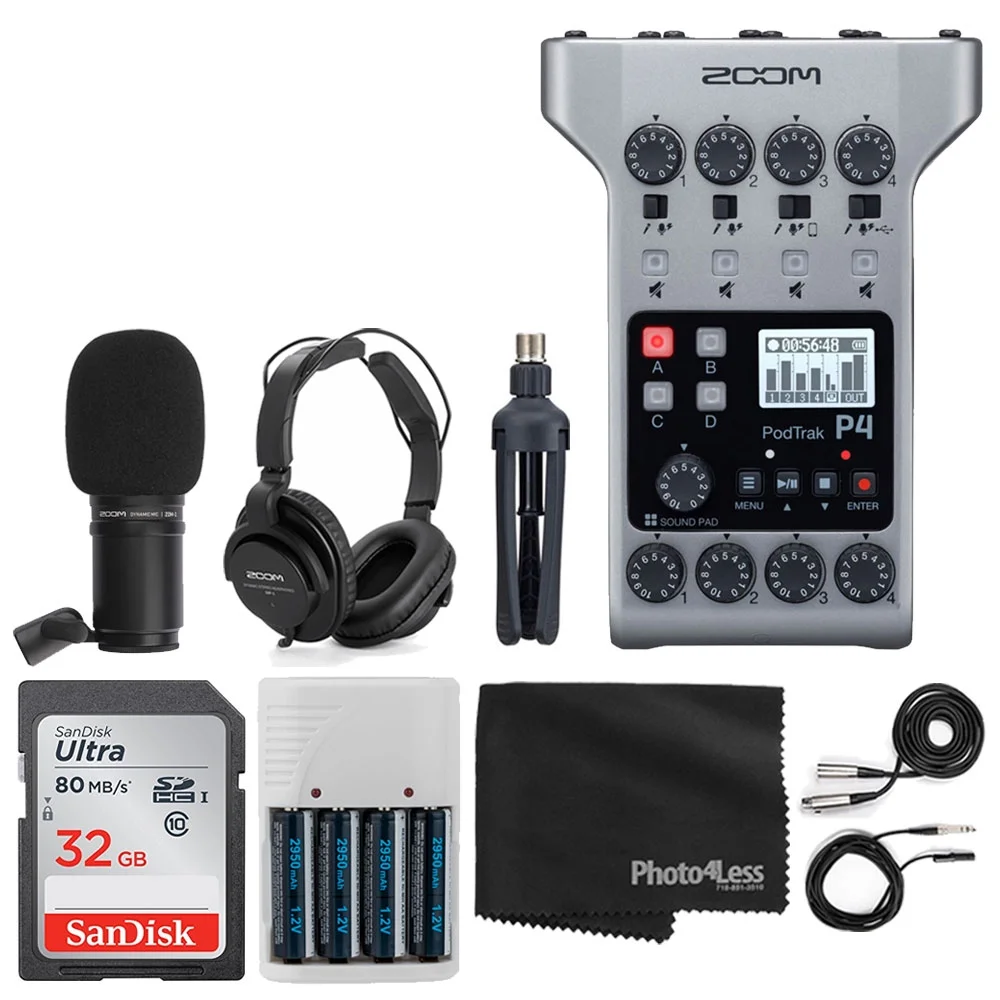 Zoom PodTrak P4 Portable Multitrack Podcast Recorder + Zoom M-1 Mic + Headphones + Windscreen + XLR Cable + Tabletop Stand + 32GB Memory Card + 4 AA Batteries and Charger + Cloth – Top Value Bundle