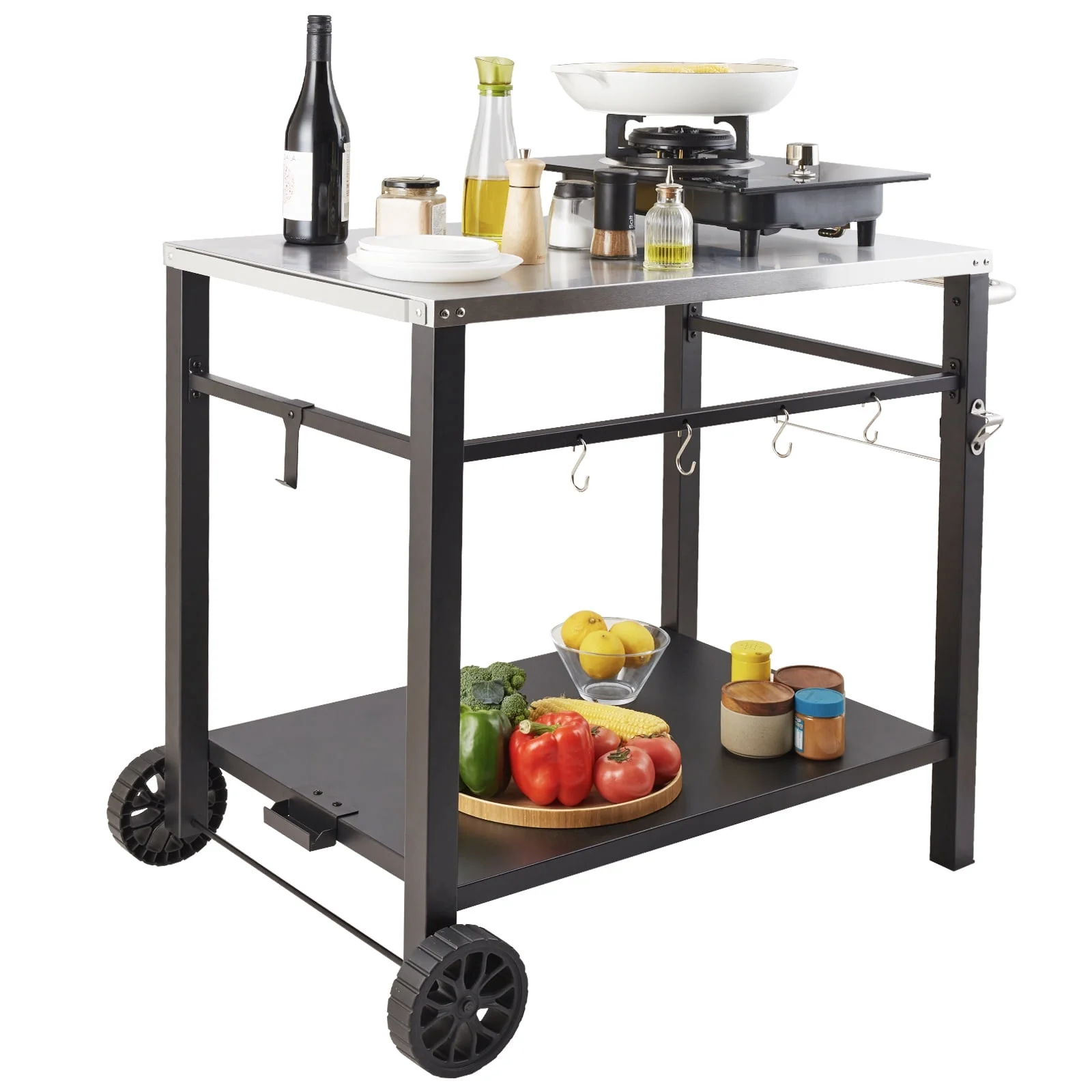 SKYSHALO Double-Shelf BBQ Outdoor Grill Dining Cart Movable Food Prep Trolley Patio