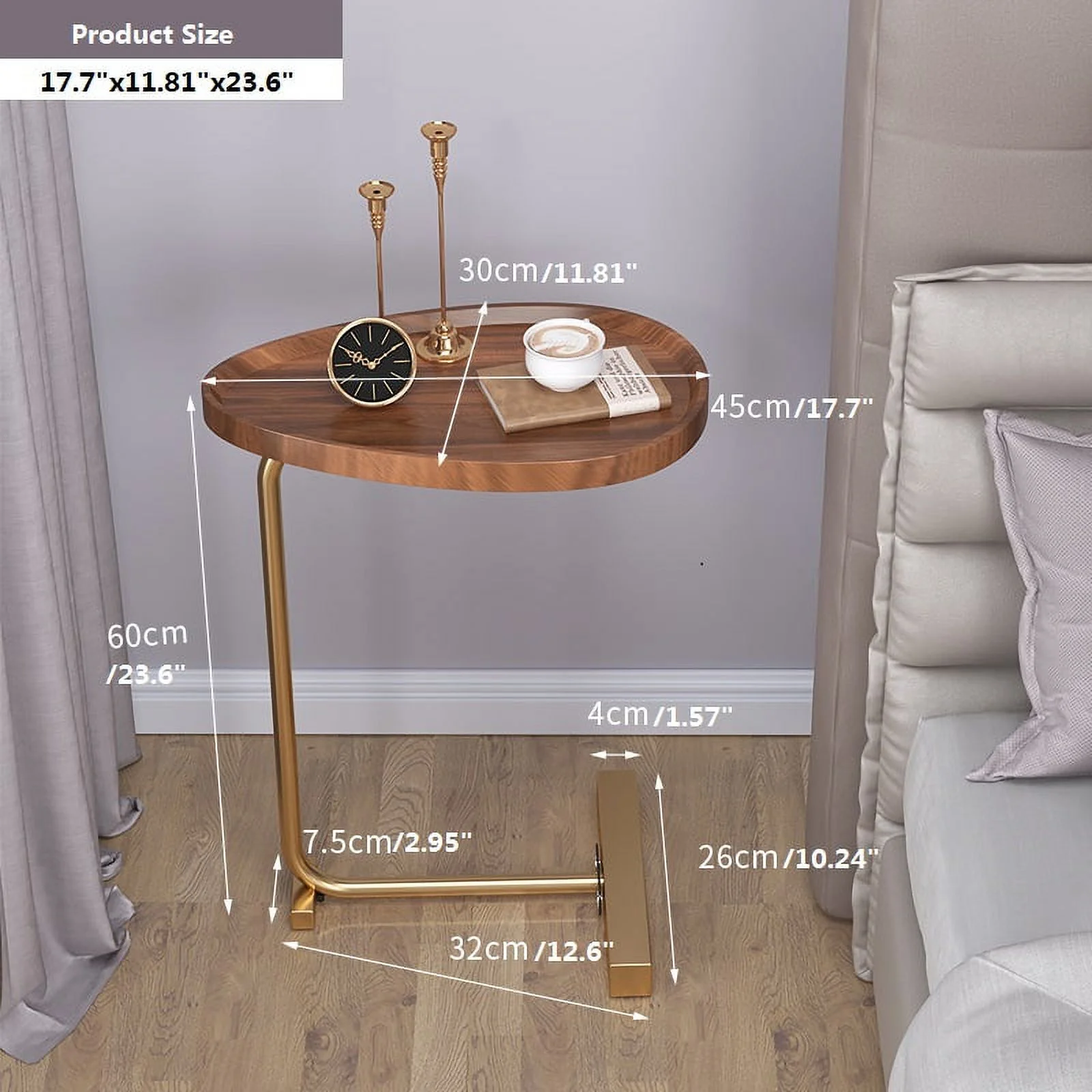 2-pieces  Brown C shaped  End Table, Sofa Side Table, C Shaped Bed Side Table for Couch and Bed, Small Side Table for Small Spaces