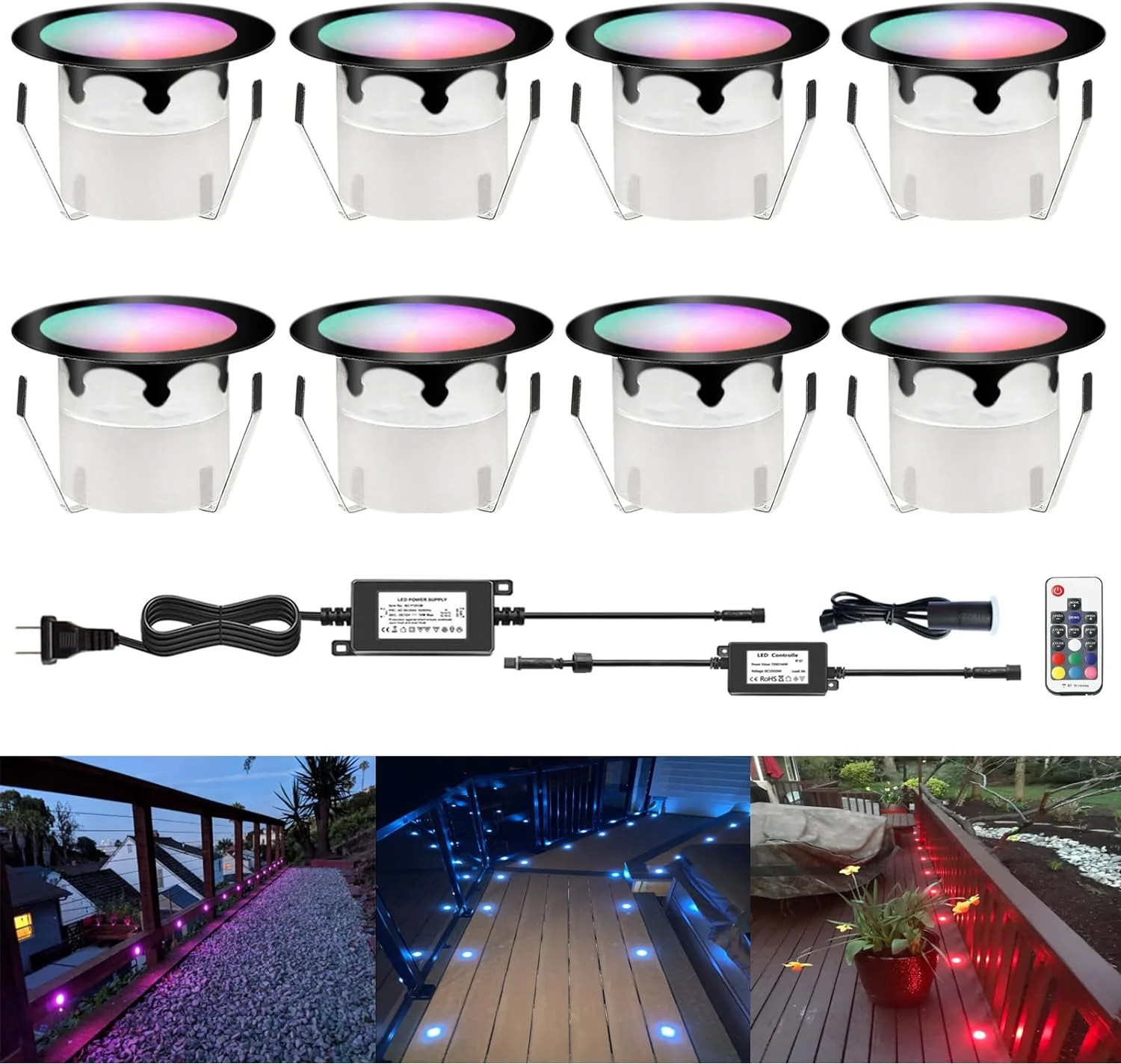 OUWI LED Outdoor Deck Lights with Photocell, RGB Φ1.77in Low Voltage 12V DC IP67 Waterproof, Remote Dimmable Multi Color Change, Electric Wired Recessed Stair Step Landscape Lighting, 8 Pack Black