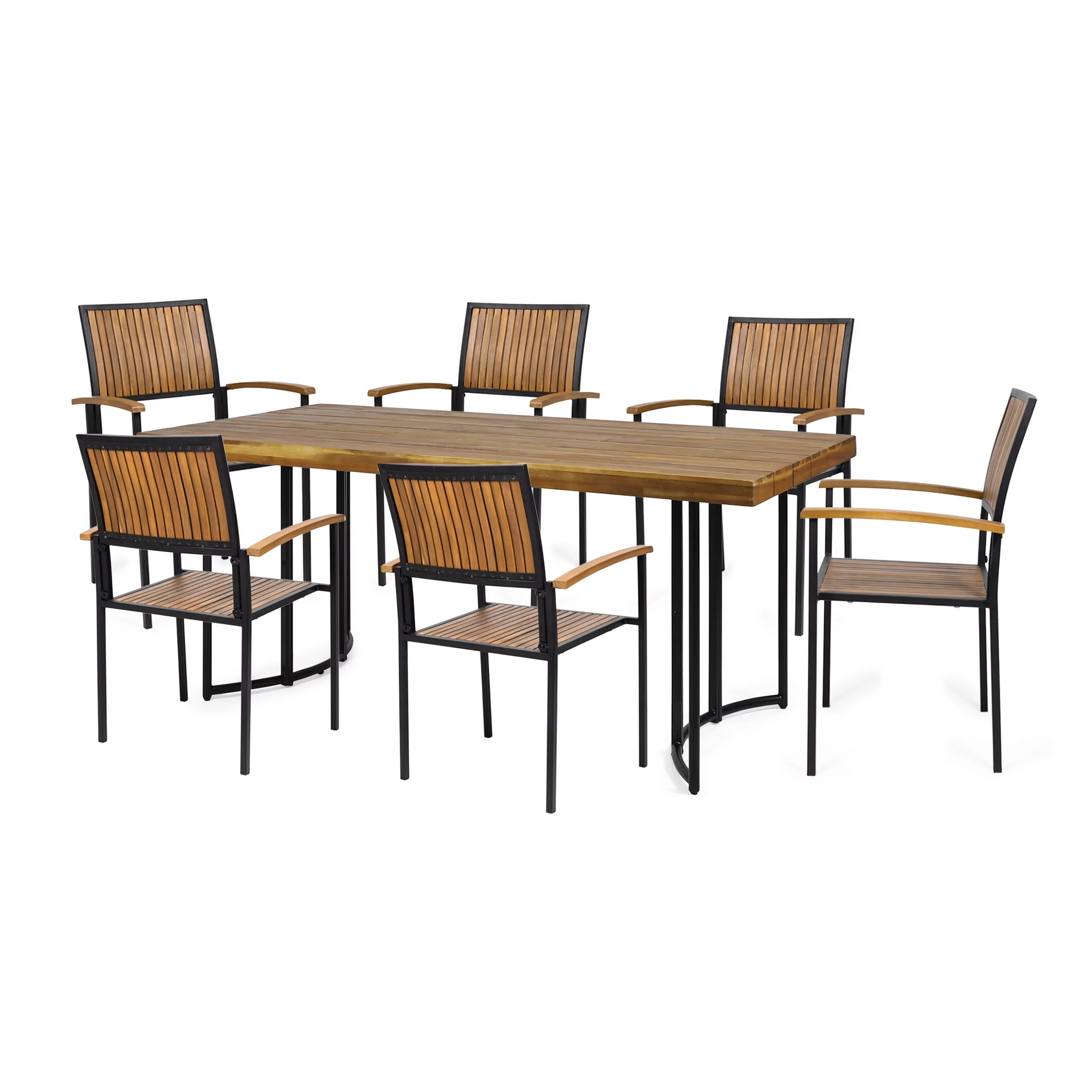 GDF Studio Rocio Outdoor Modern Industrial Acacia Wood 7 Piece Dining Set, Teak and Black