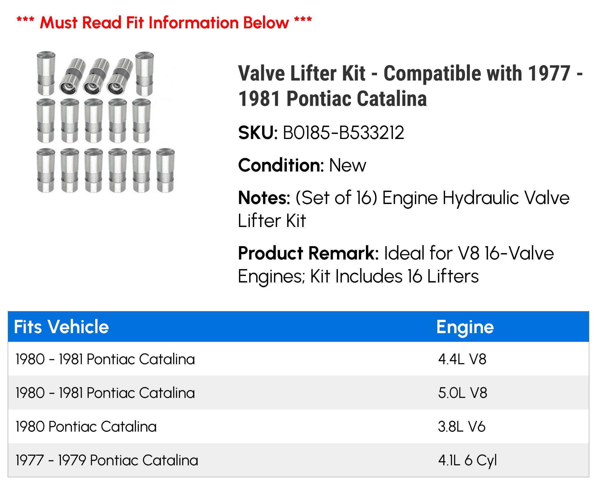 Valve Lifter Kit - Compatible with 1977 - 1981 Pontiac Catalina 1978 1979 1980