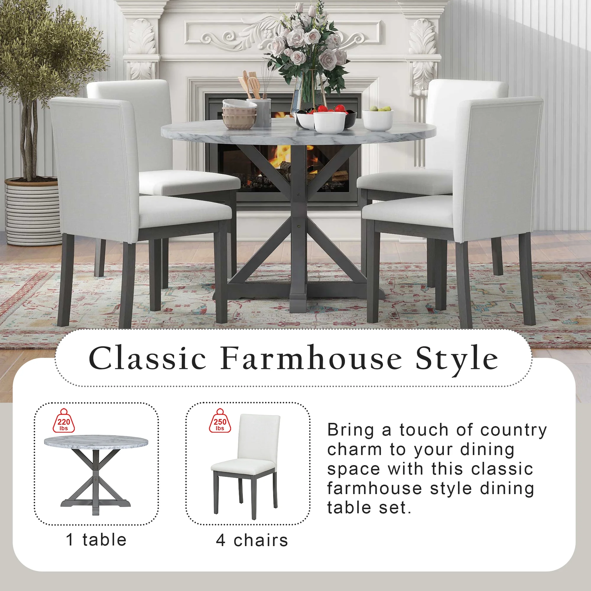CoSoTower 5-Piece Farmhouse Style Dining Table Set, Marble Sticker and Cross Bracket Pedestal Dining Table, and 4 Upholstered Chairs (White+Gray)