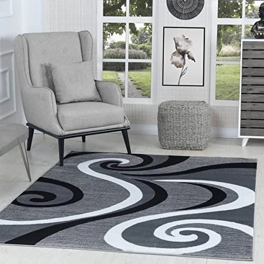 GLORY RUGS Modern Area Rug Swirls Carpet Bedroom Living Room Contemporary Dining Accent Sevilla Collection 4817 (4x6, Grey Black)