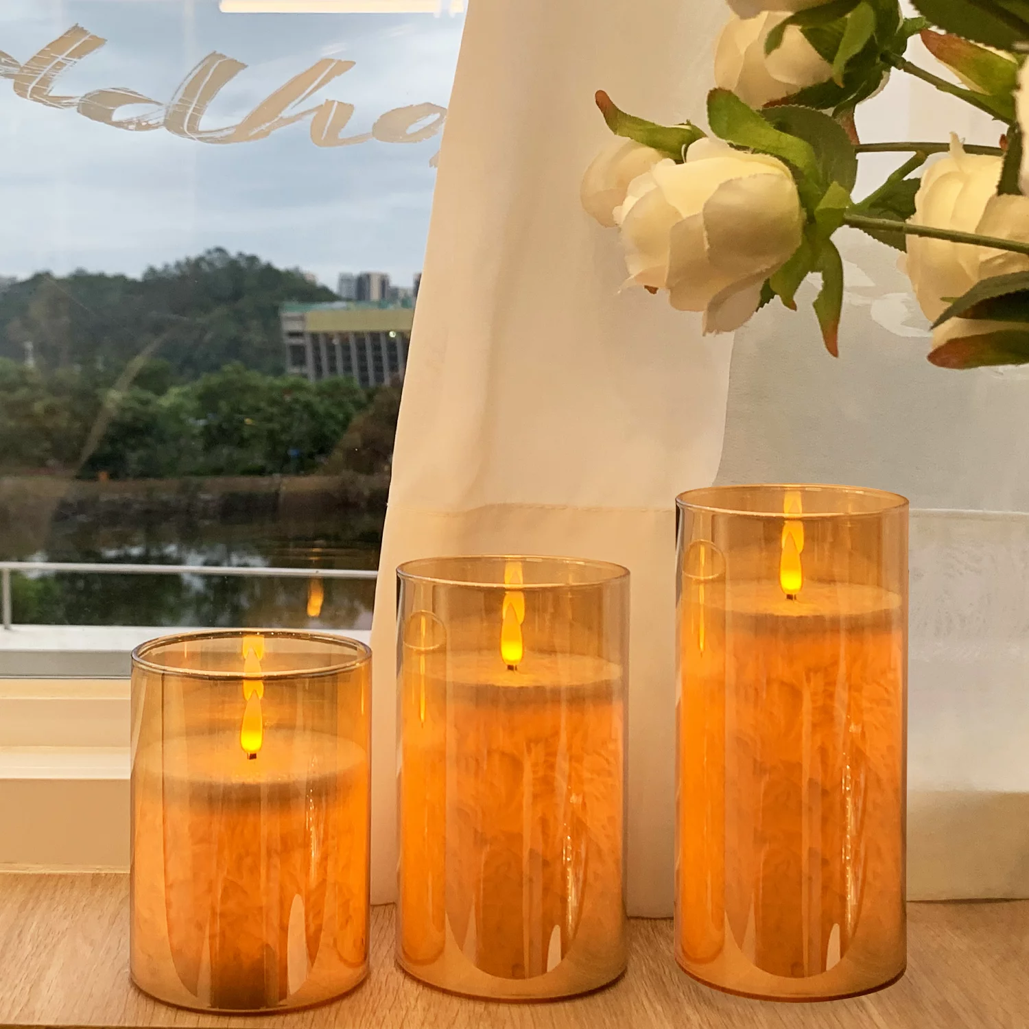 Flickering Flameless Candles Set of 3,LED Warm 3D Wick Light Pillar Candle Acrylic Battery Operated Candles with Remote and Timer Real Wax Christmas Home Table Decor, Gold, D 3