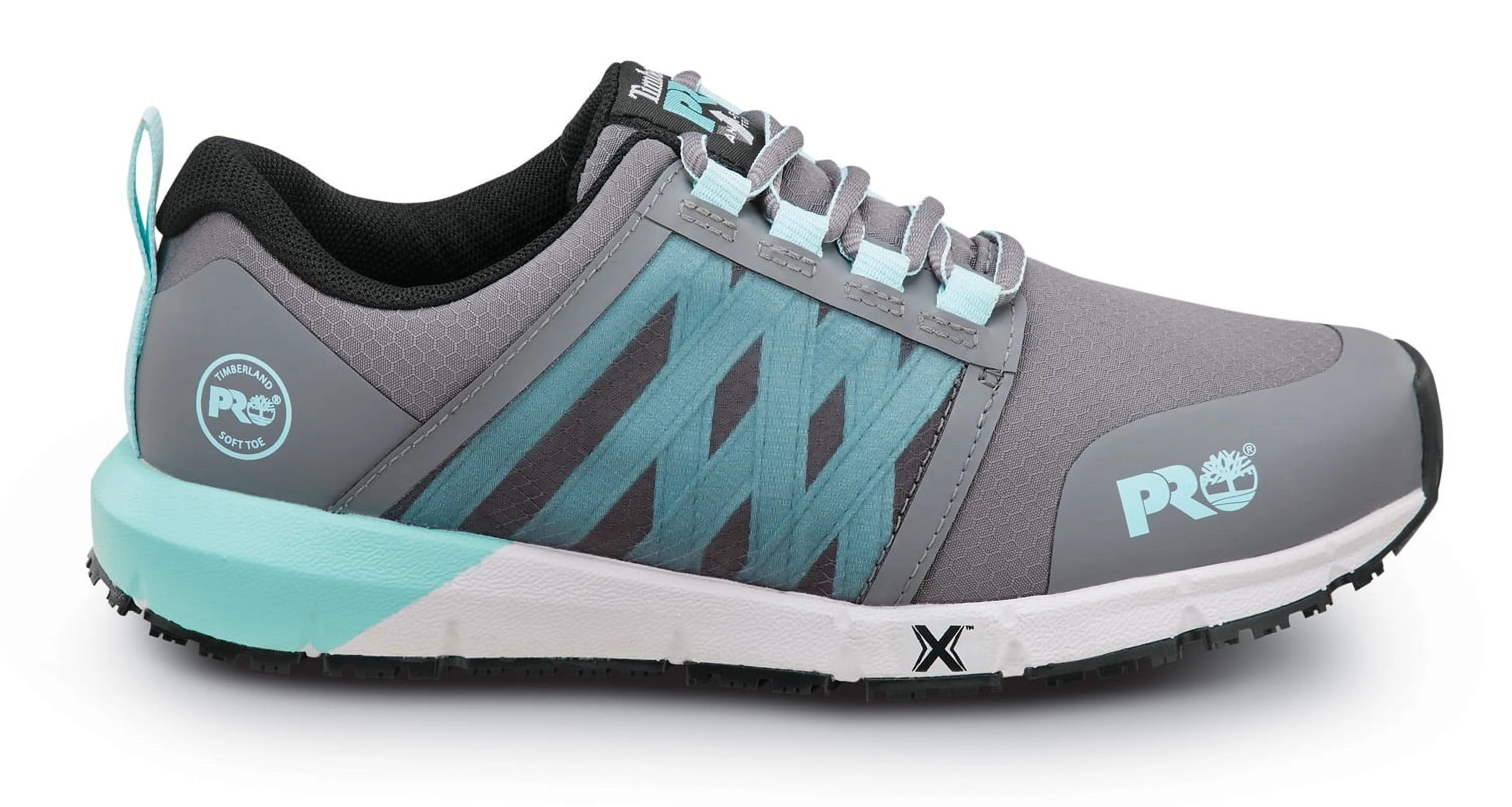 Timberland PRO  Radius, Women's, Steel Grey/Aruba Blue, Soft Toe, EH, MaxTRAX Slip Resistant, Athletic, Work Shoe (7.0 M)