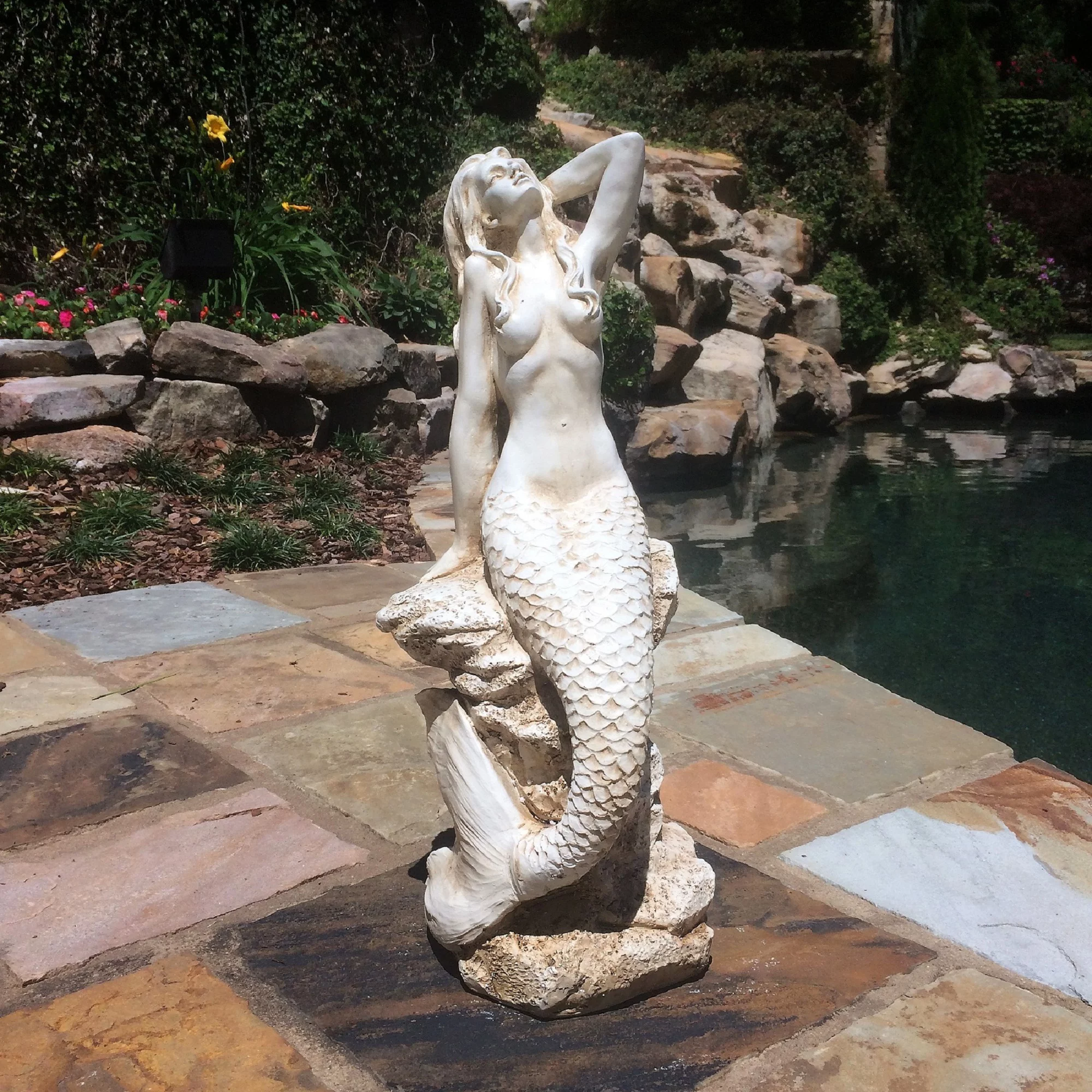 Homestyles 20 in. Antique White Sexy Mermaid Sitting on Coastal Rock Beach Nautical Extra Large Statue