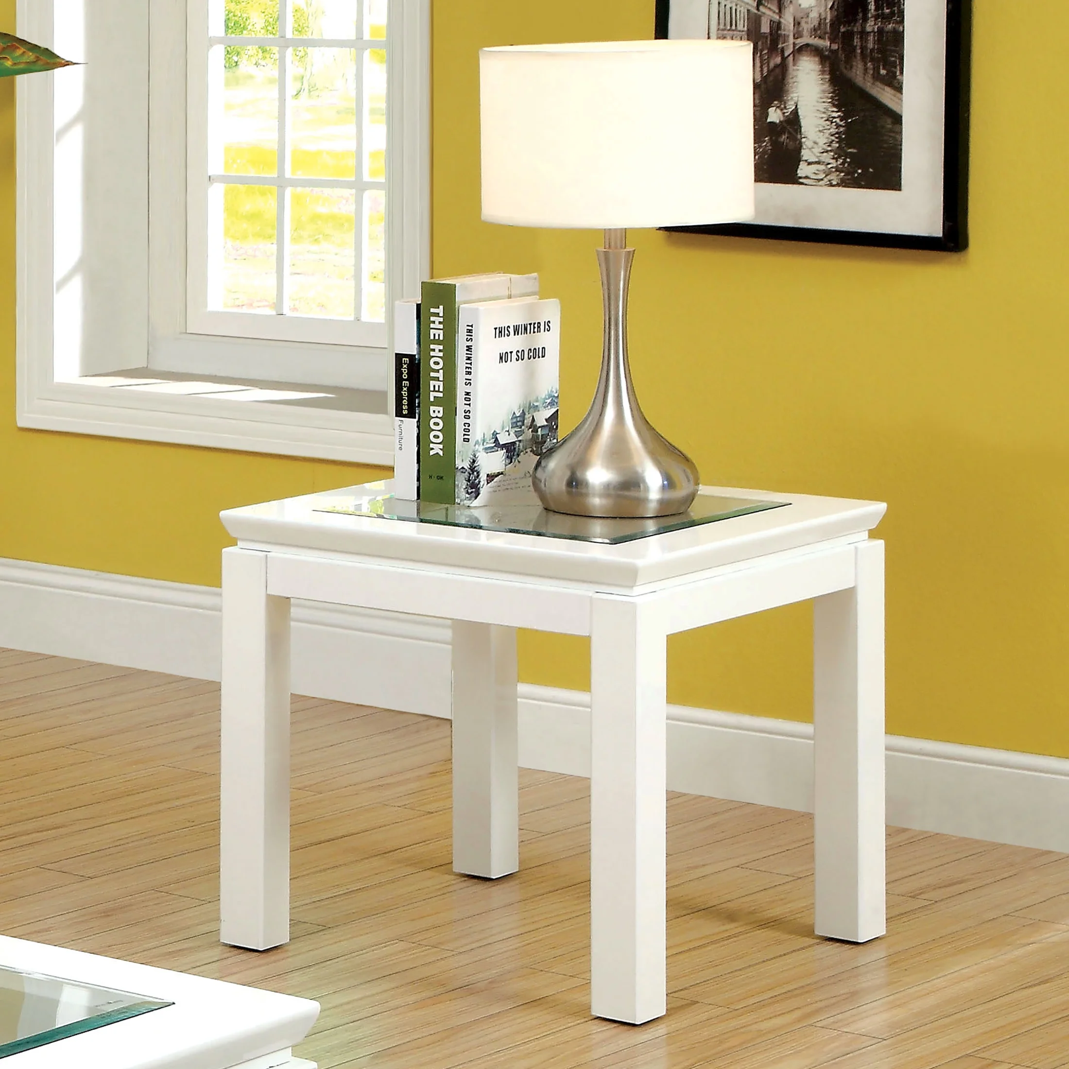 Furniture of America Lalia Glass Top End Table, White