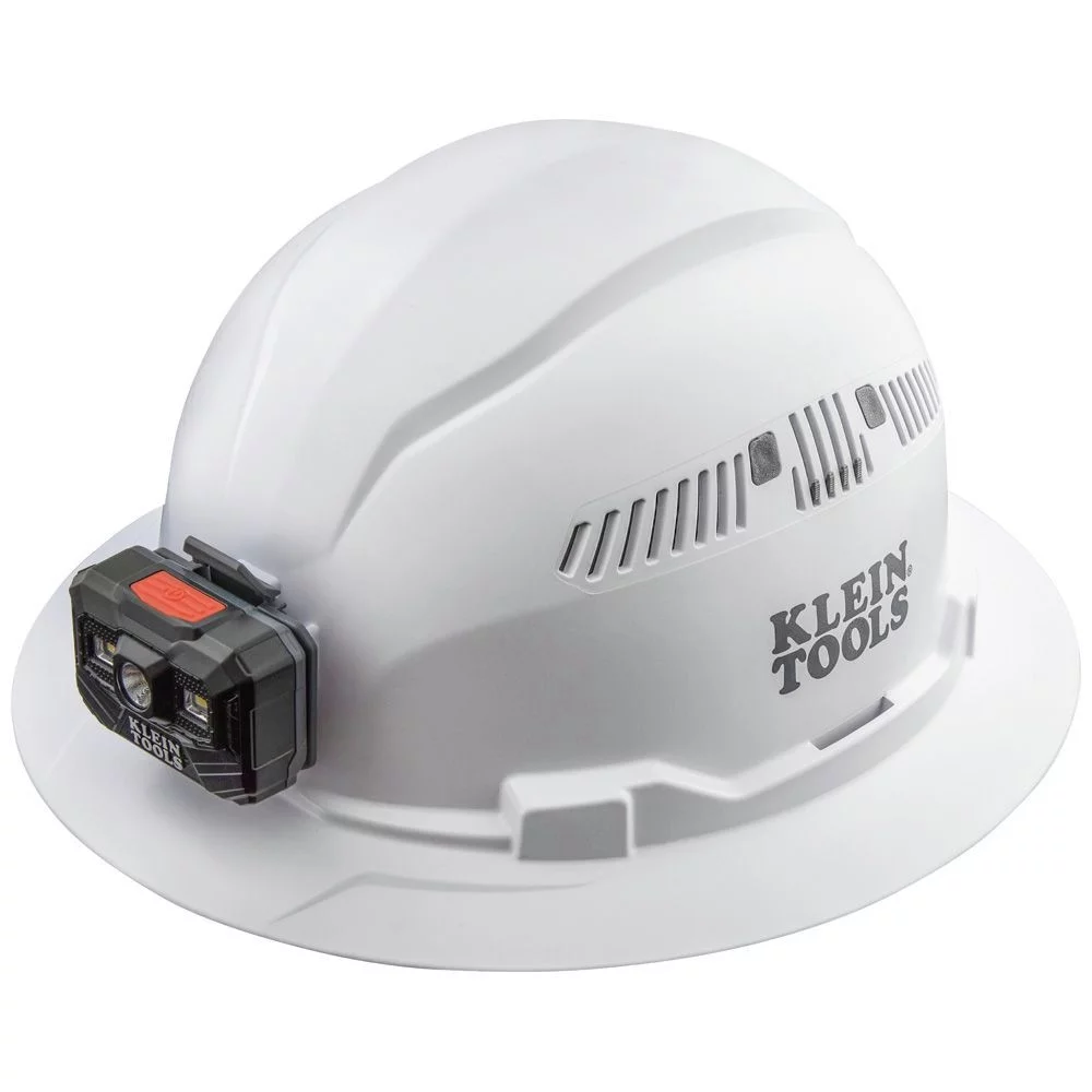 Klein Tools 60407RL Vented Full Brim Hard Hat with Rechargeable Headlamp - White