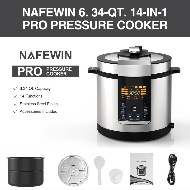 VBGK Electric Pressure Cooker 6.34QT, 14-in-1 Electric Multi-Cooker Slow Cooker Rice Cooker Steamer Yogurt Maker Warmer & Sterilizer, 1000W Stainless Steel