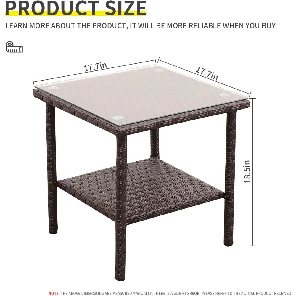 Wicker Side Table Outdoor Resin Rattan Glass Top Square End Table with Two Shelves, Brown