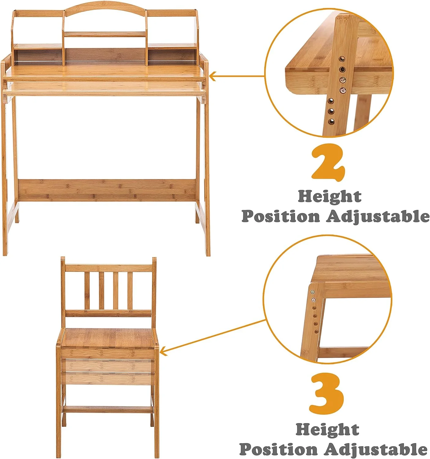 Bamboo Height Adjustable Kids Desk and Chair Set, Children Desk, Study Table and Chair Set (Nature -01)