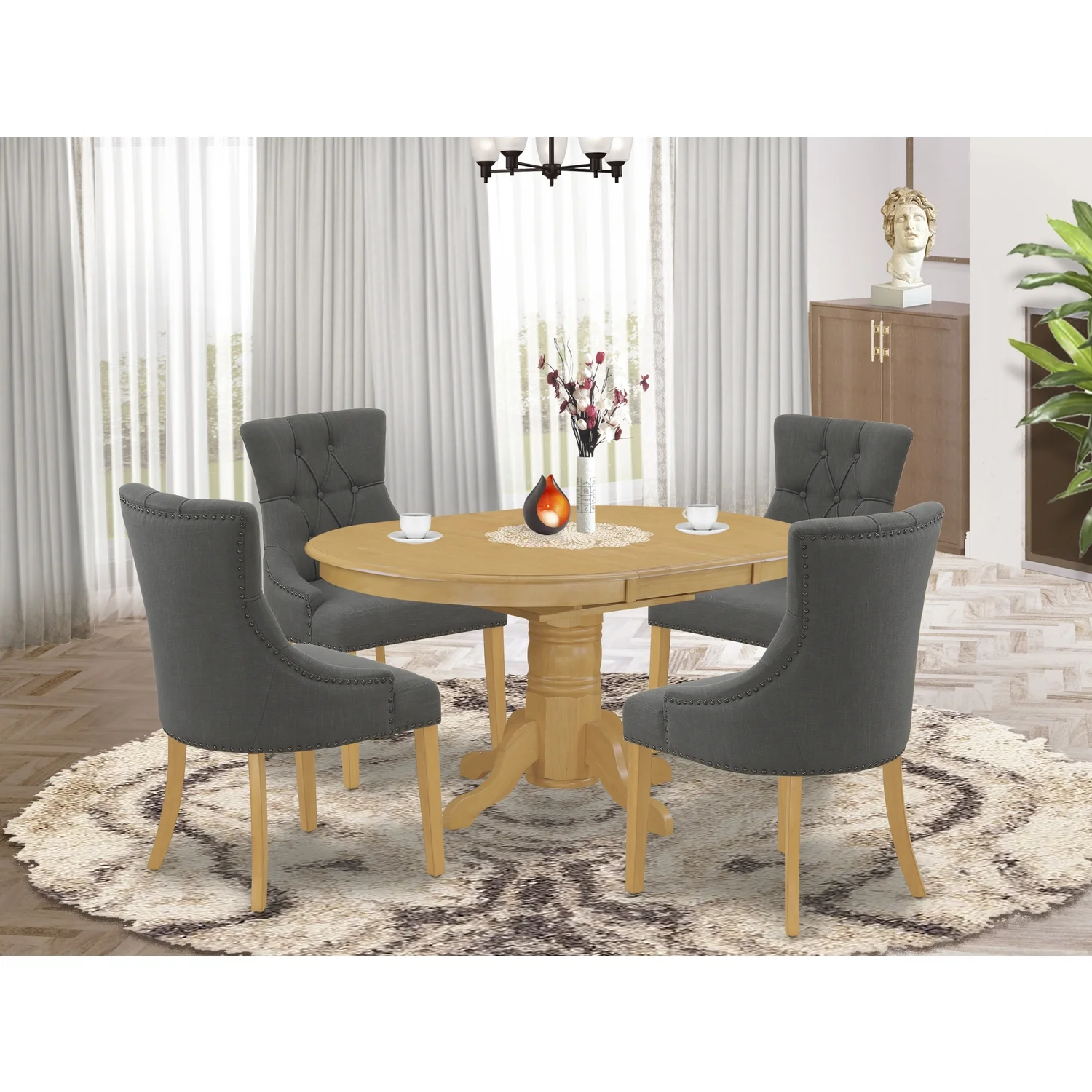 HomeStock Lakefront Luxury 5Pc Dining Set Includes An Oval Dinette Table With Butterfly Leaf And Four Parson Chairs With Dark Gotham Grey Fabric, Oak Finish