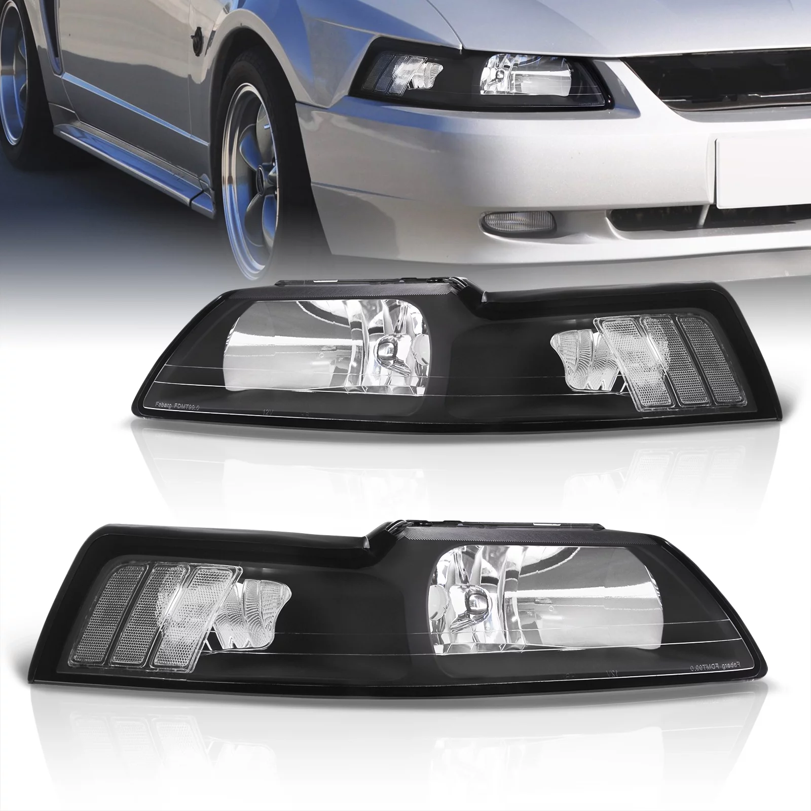 AJP Distributors Black Housing Clear Reflectors Signal Headlights Driving Lights Bumper Lamps Assembly Compatible/Replacement For Ford Mustang GT SN95 1999 2000 2001 2002 2003 2004 99 00 01 02 03 04