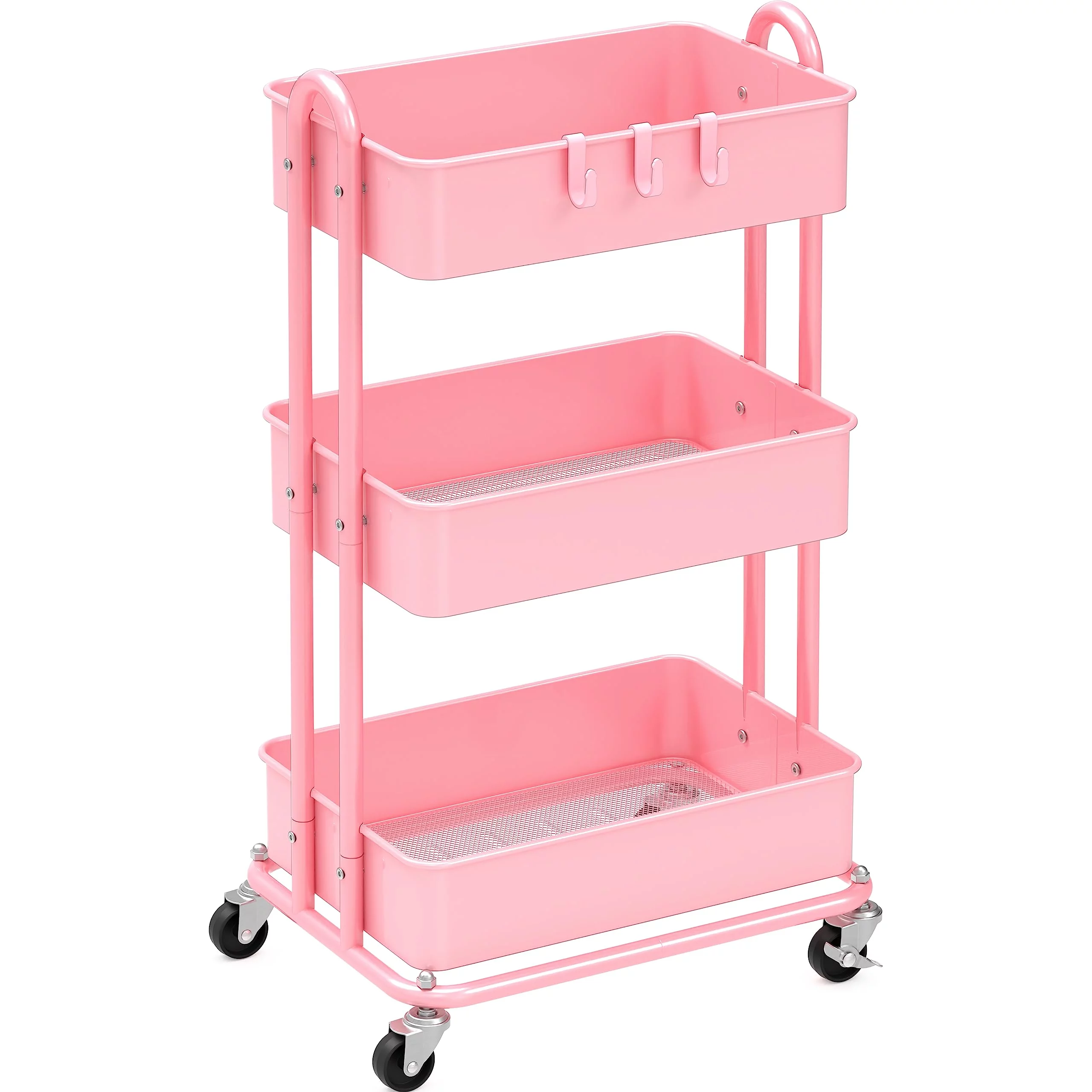 SHW 3-Tier Metal Rolling Utility Cart, Pink