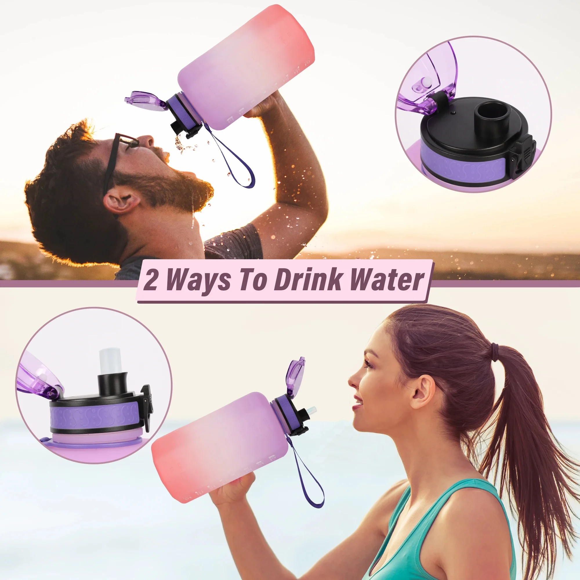 Large 2.2 Litre Water Bottle with Handle - BPA Free  Leak Proof and Motivational Time Quotes - Big Capacity Hydration Jug for Gym and Fitness