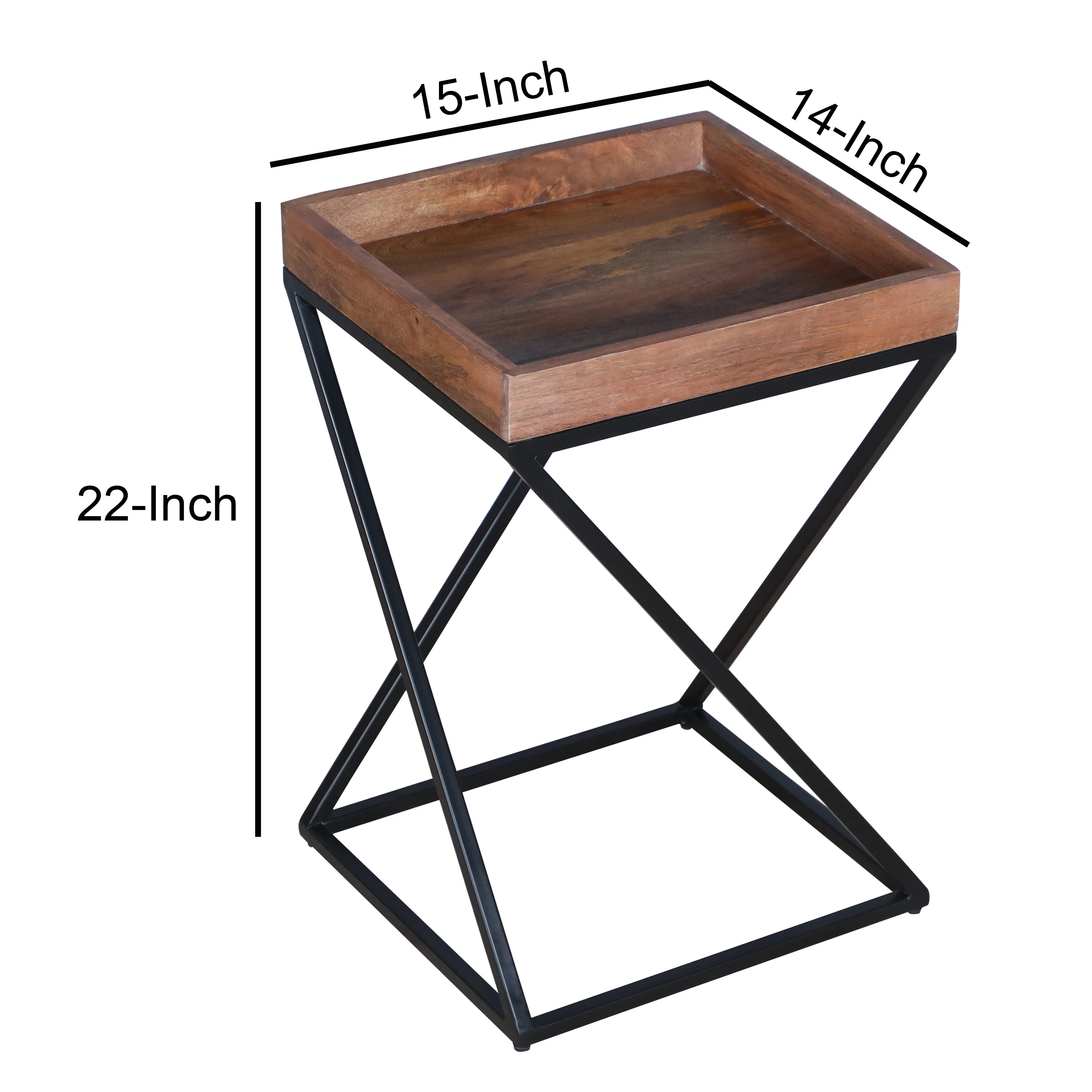 22 Inch Industrial End Side Table with Mango Wood Tray Top, X Shape Iron Frame, Brown, Black