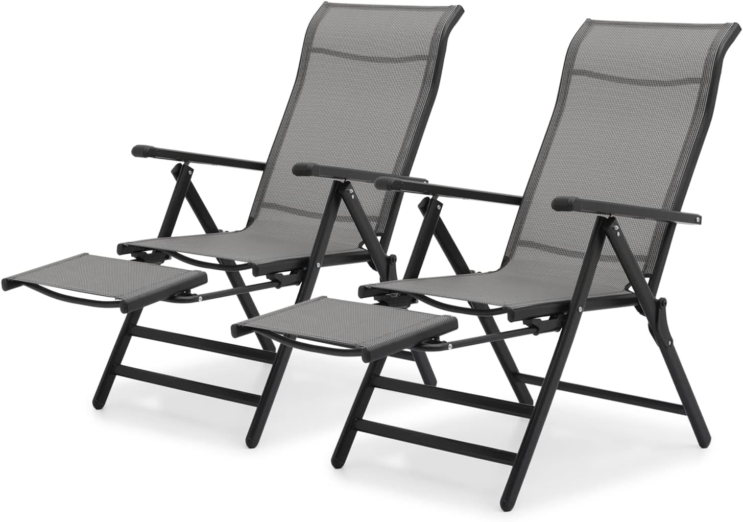 3 In 1 Lounge Chair Set Of 2 Patio Folding Lawn Lounge Chairs Outdoor Lounge High Back Chair Camp Reclining Lounge Chair With Retractable Footrest For Poolside Backyard, 300Lbs Capacity