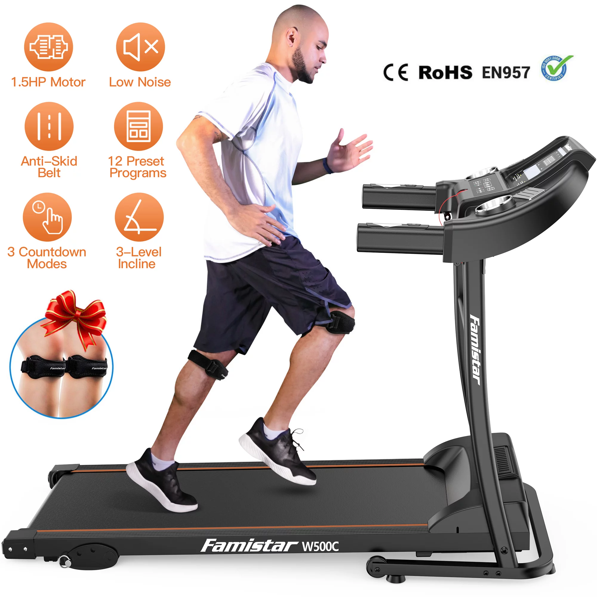 Famistar W500C 1.5HP Folding Electric Treadmill with 3 Level Manual Incline, Max 240LBS