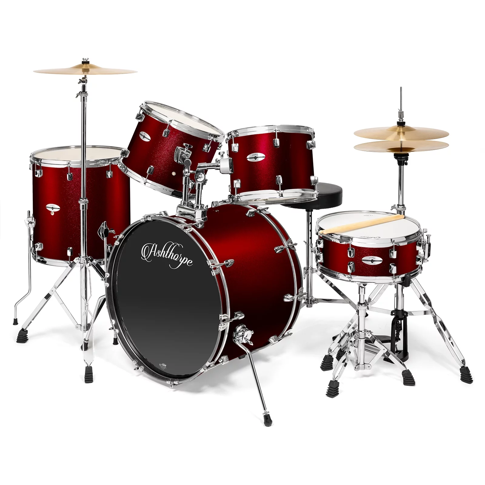 Ashthorpe 5-Piece Full Size Adult Drum Set with Remo Heads and Premium Brass Cymbals Complete Professional Percussion Kit, Chrome Hardware, Red
