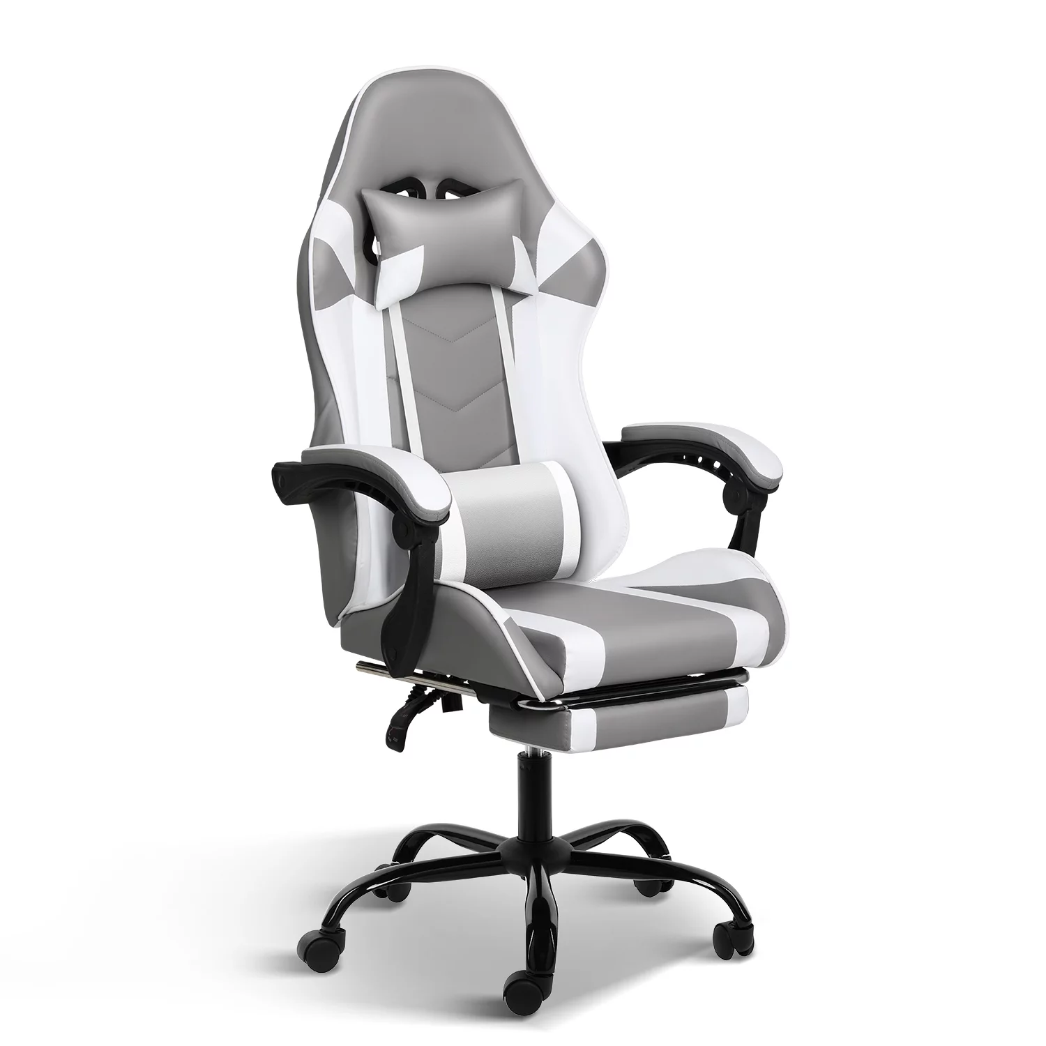 CoSoTower Racing Video Backrest and Seat Height Recliner Gaming Office High Back Computer Ergonomic Adjustable Swivel Chair, with Footrest, Grey/White