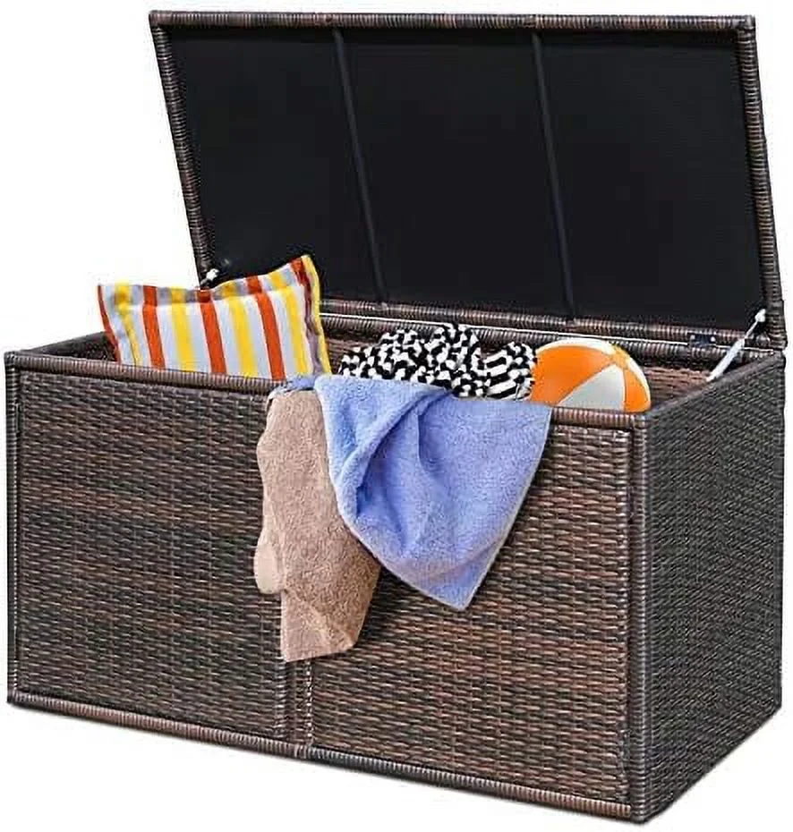 JYHOME Outdoor Wicker  Box  Garden Deck Bin with Steel Frame  Rattan Pool  Box with Lid  Ideal for Storing Tools  Accessories and Toys  88 Gallon Capacity (Black)