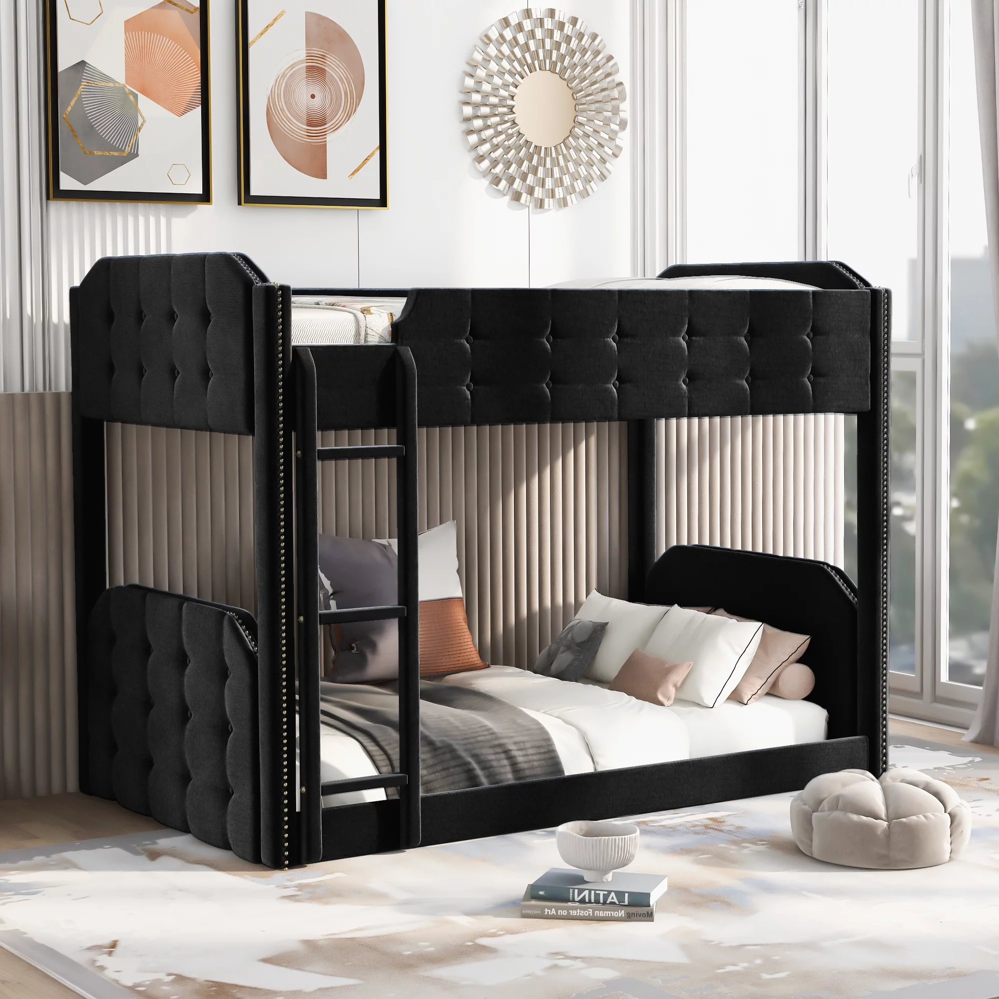 EUROCO Twin over Twin Upholstered Bunk Bed, Button-Tufted for Bedroom, Black
