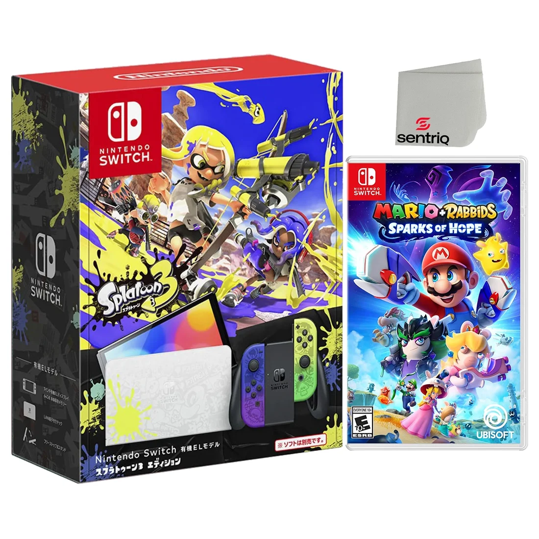 Nintendo Switch OLED Splatoon 3 Edition + Mario + Rabbids Sparks of Hope + Sentriq Screen Cleaner - Japan Import with US Plug